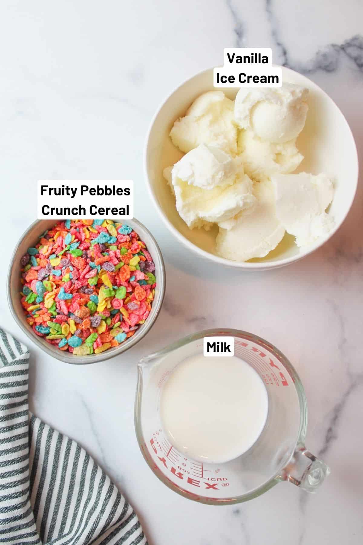 labeled ingredients needed to make fruity pebbles milkshake