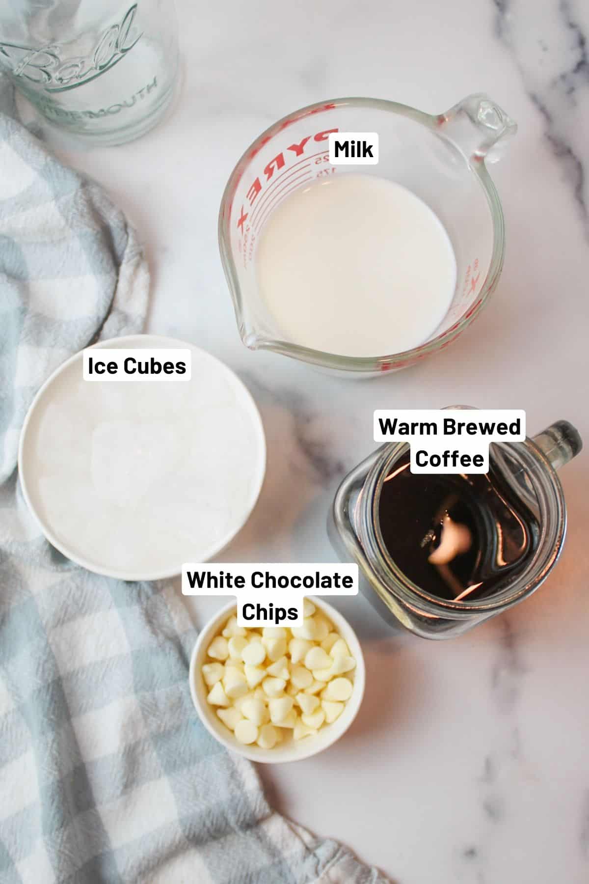 labeled ingredients needed to make iced white mocha