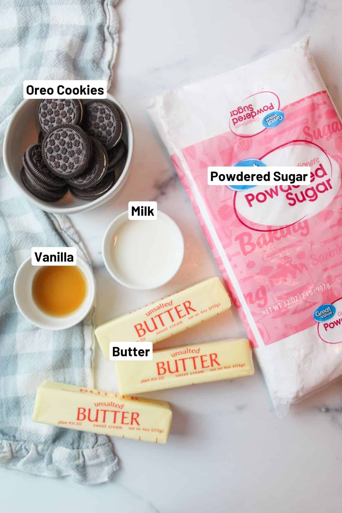 labeled ingredients needed to make oreo buttercream frosting