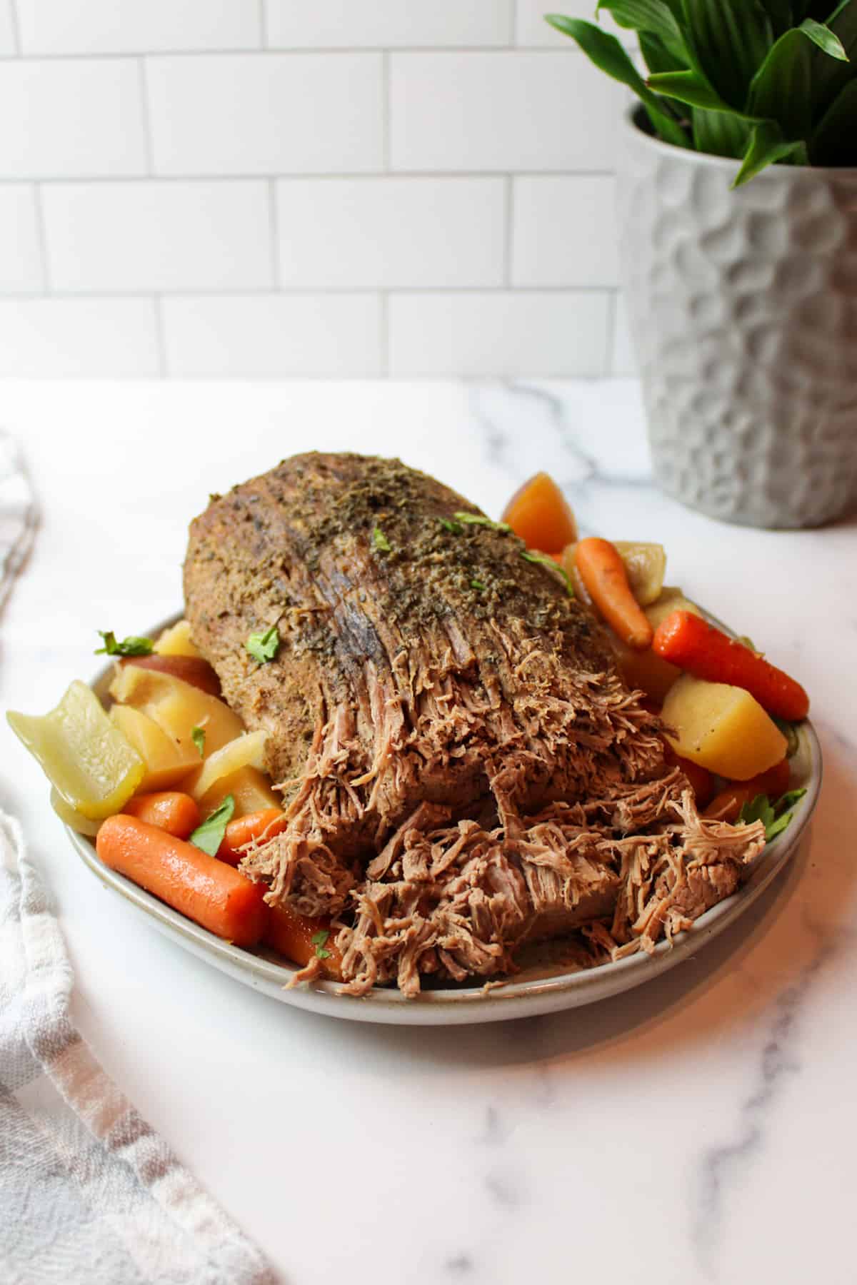 a plate of shredded beef roast and veggies.
