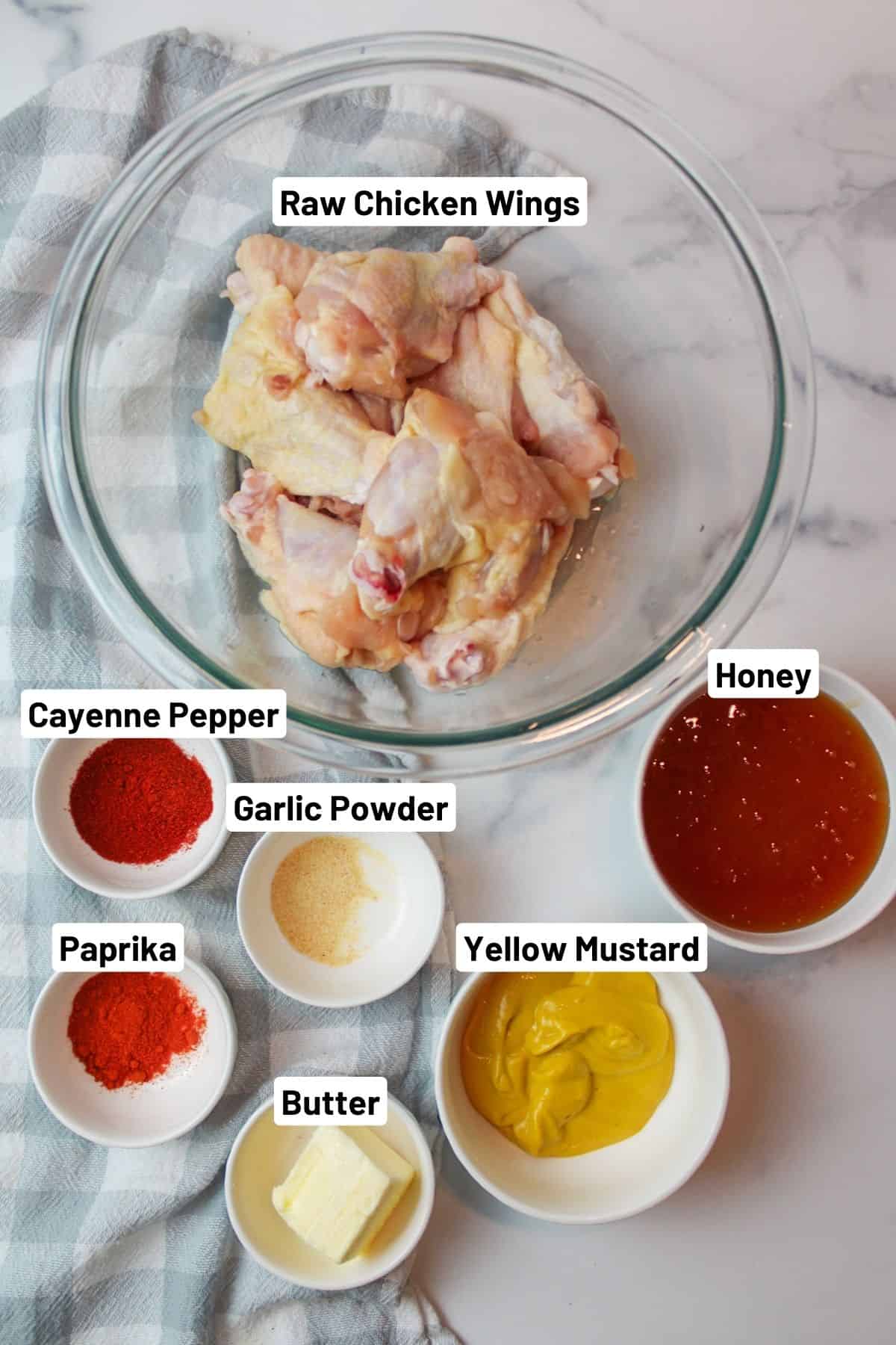 labeled ingredients needed to make honey gold chicken wings