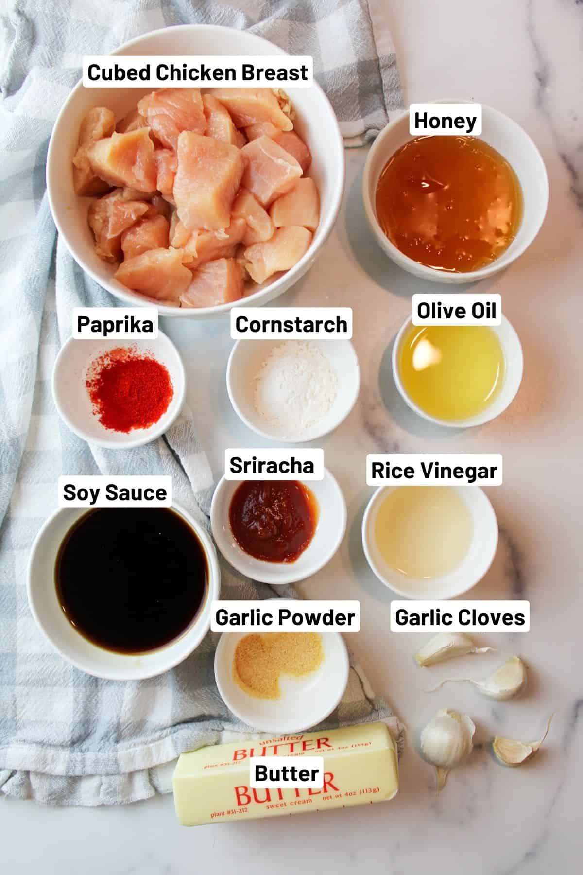 labeled ingredients needed to make honey soy chicken bites