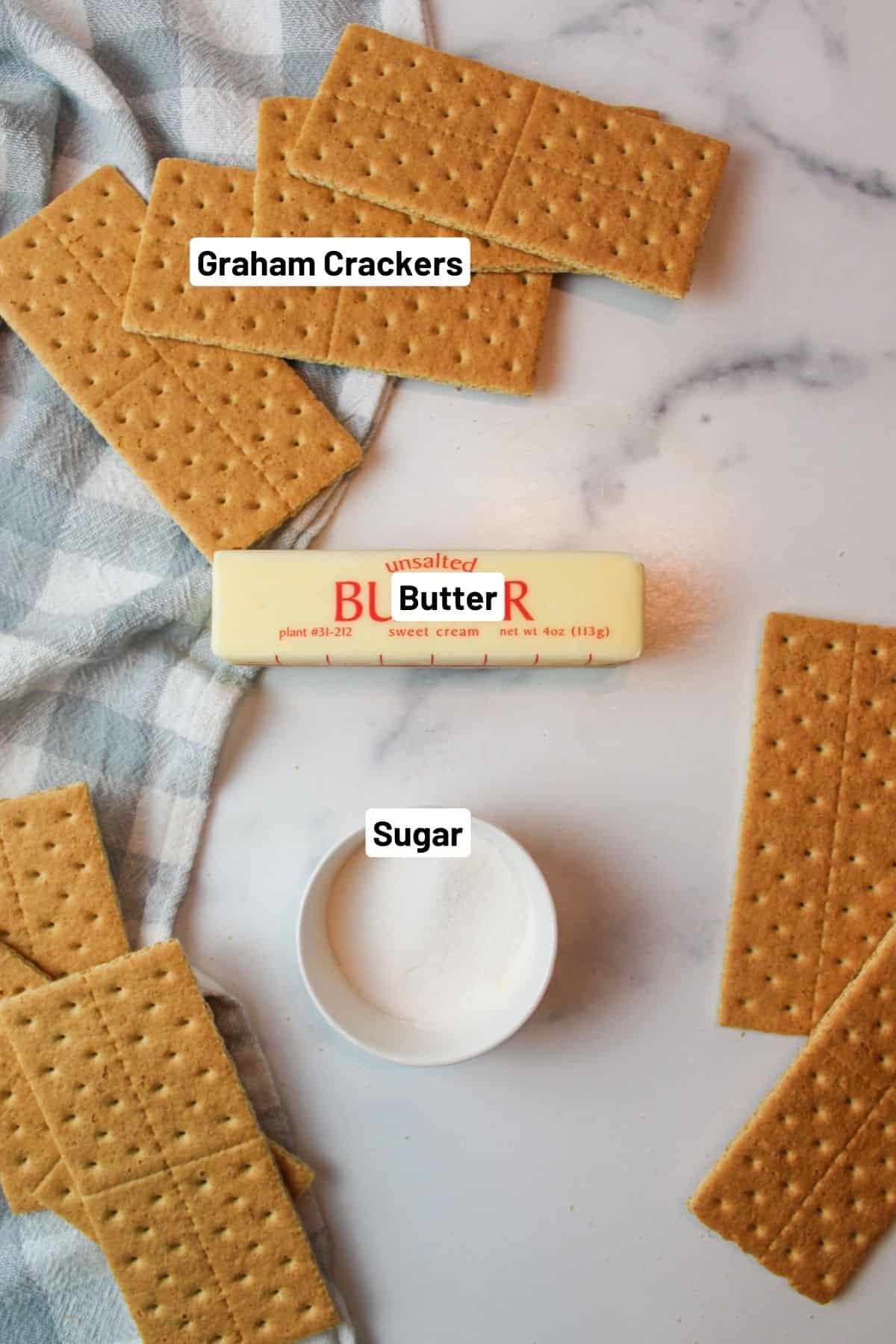 labeled ingredients needed to make no bake graham cracker crust