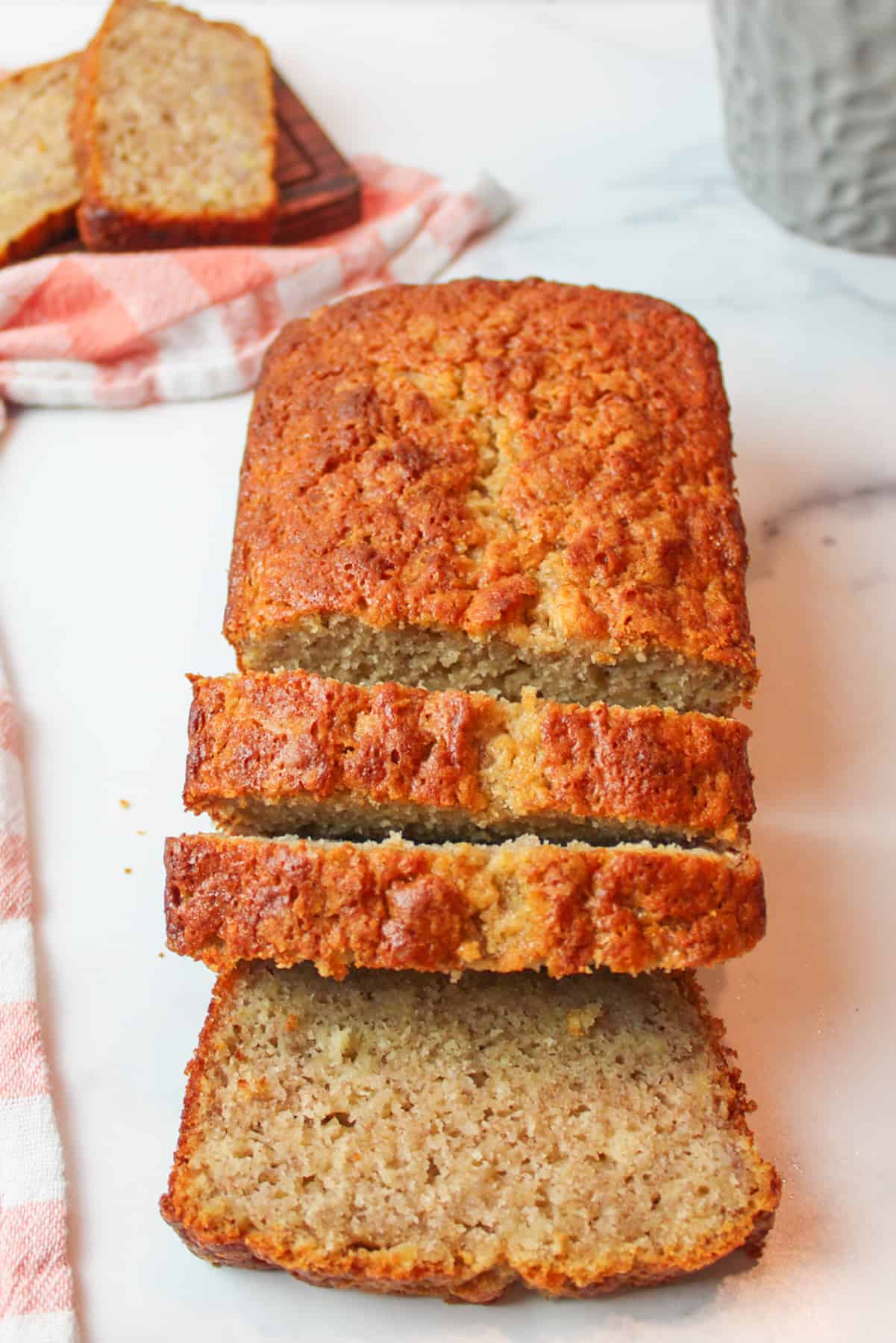 sliced banana bread made with pancake mix.