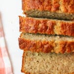 an upclose view of sliced banana bread made with pancake mix