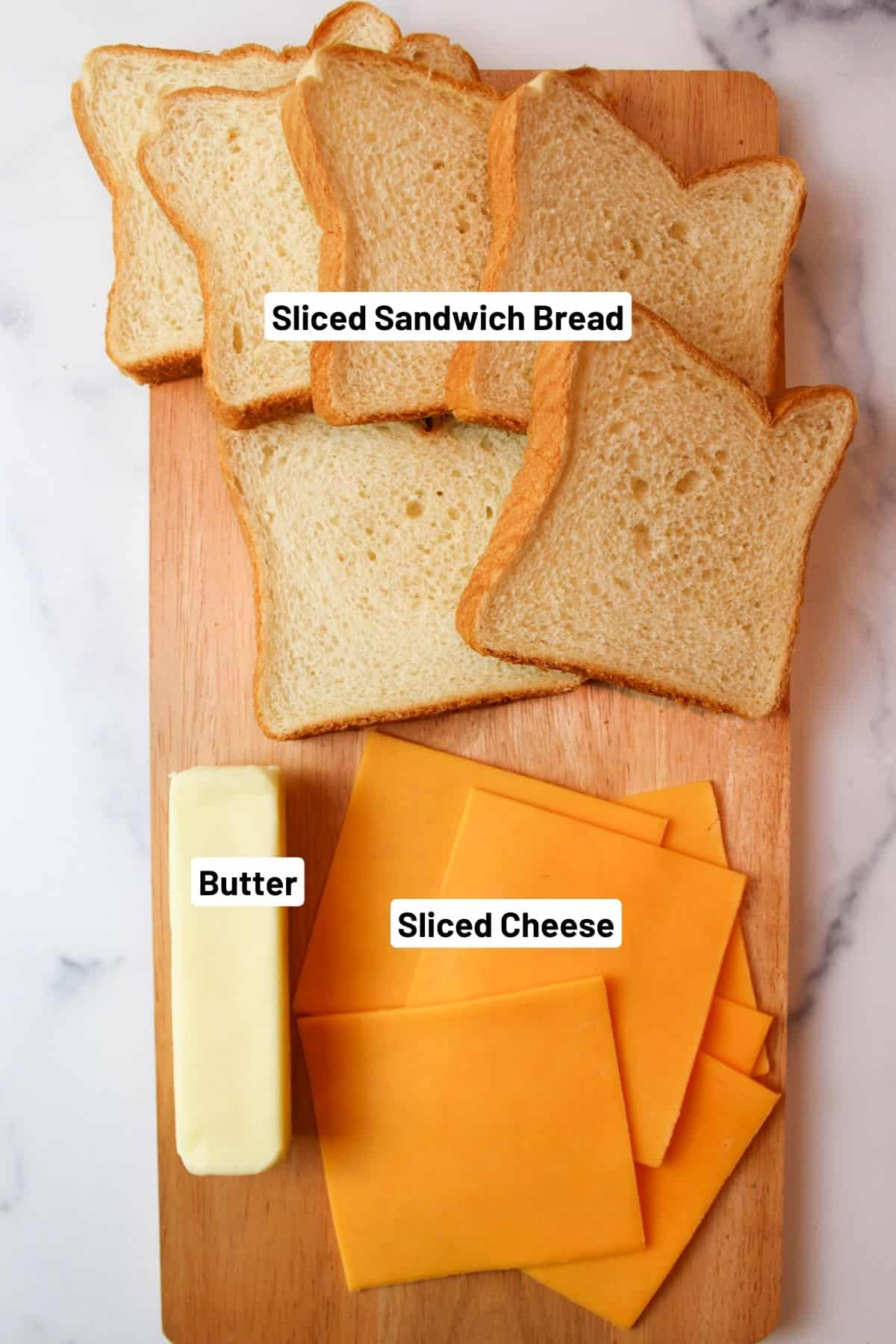 labeled ingredients needed to make grilled cheese sandwiches