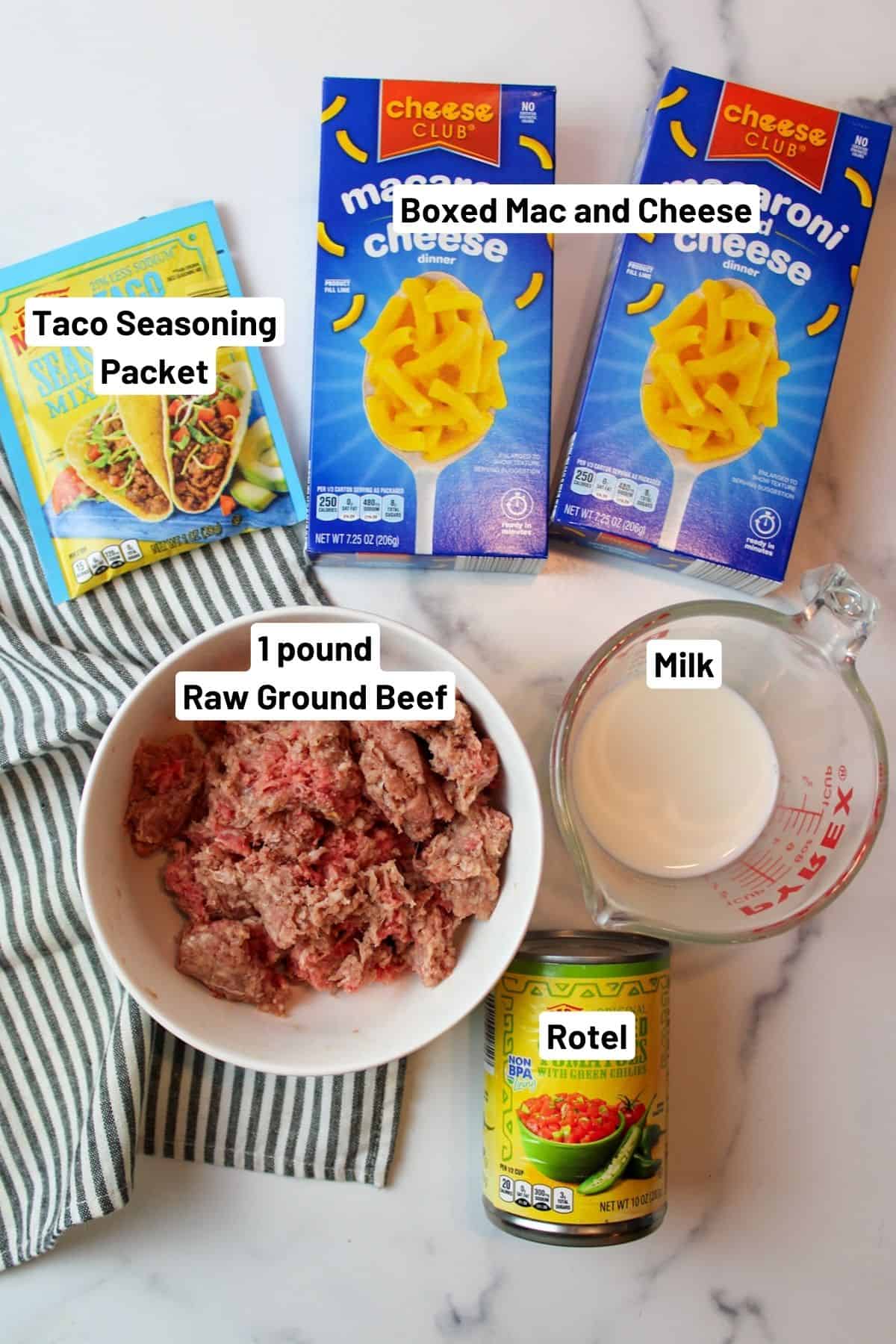 labeled ingredients needed to make taco mac and cheese.