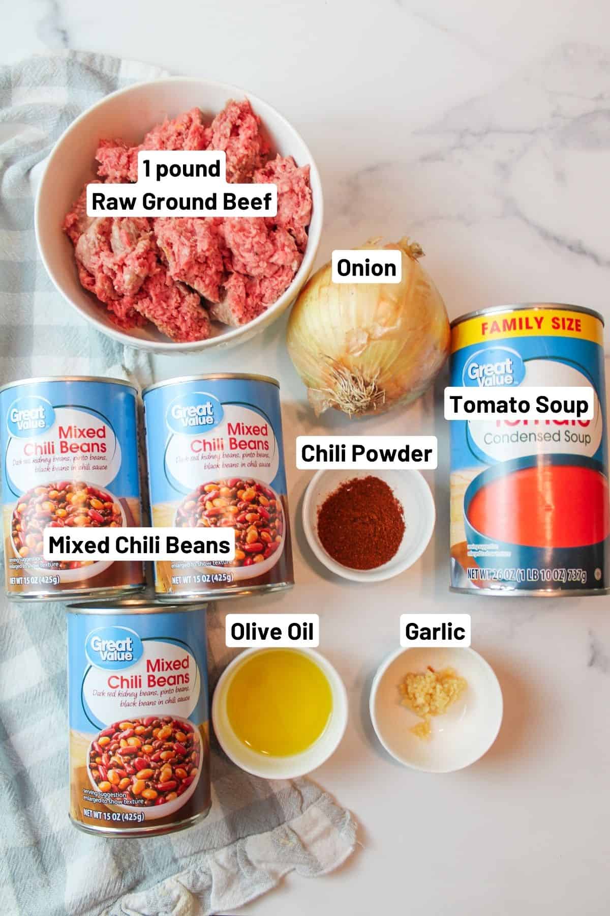 labeled ingredients needed to make tomato soup chili.
