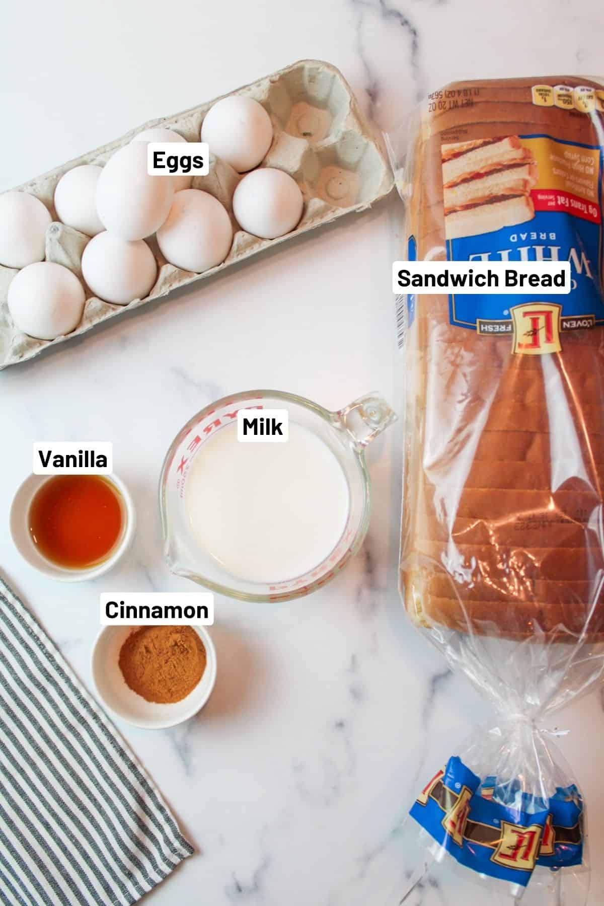 labeled ingredients needed to make homemade frozen french toast