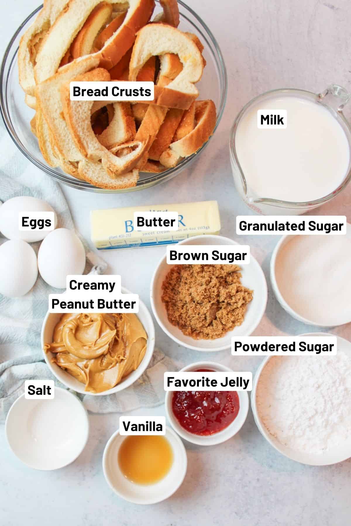 labeled ingredients needed to make peanut butter and jelly bread pudding