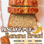 promotional graphic for pancake mix banana bread