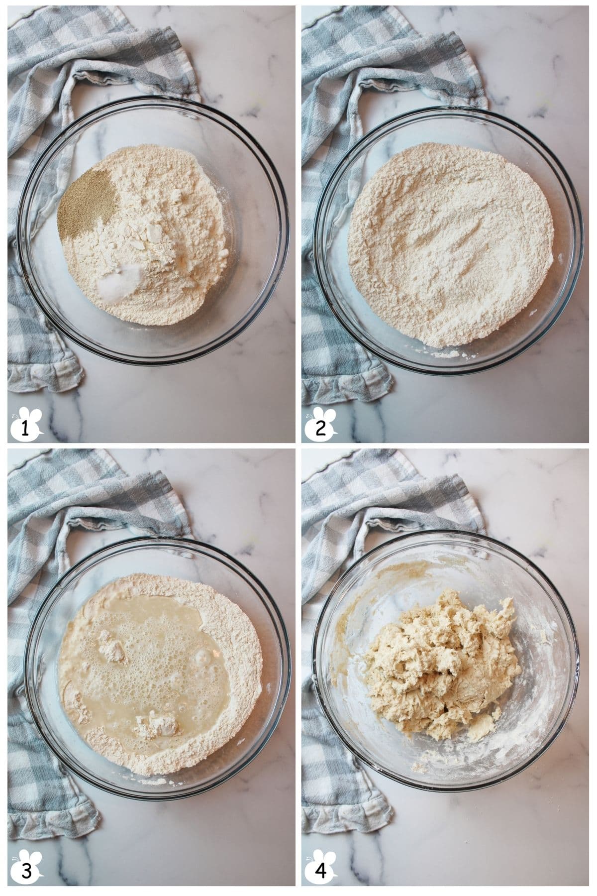 Combine flour, yeast, salt. Add warm water, stir until well combined in large mixing bowl.