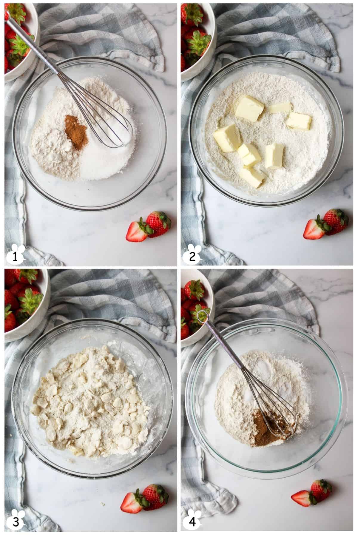 Combine dry topping ingredients, cut in butter until crumbly. Mix dry ingredients in another bowl.