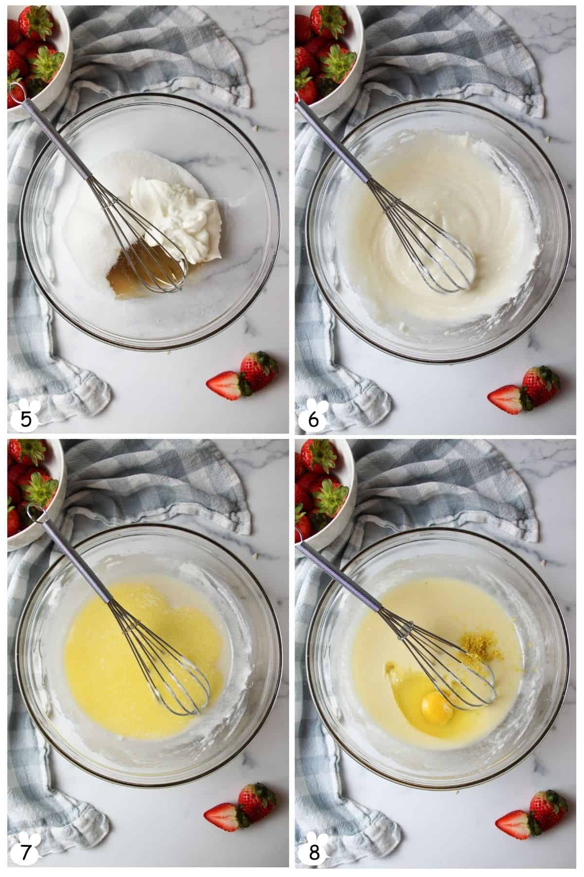 In a bowl, whisk sugar, vanilla, sour cream. Add melted butter. Mix in egg, orange zest.
