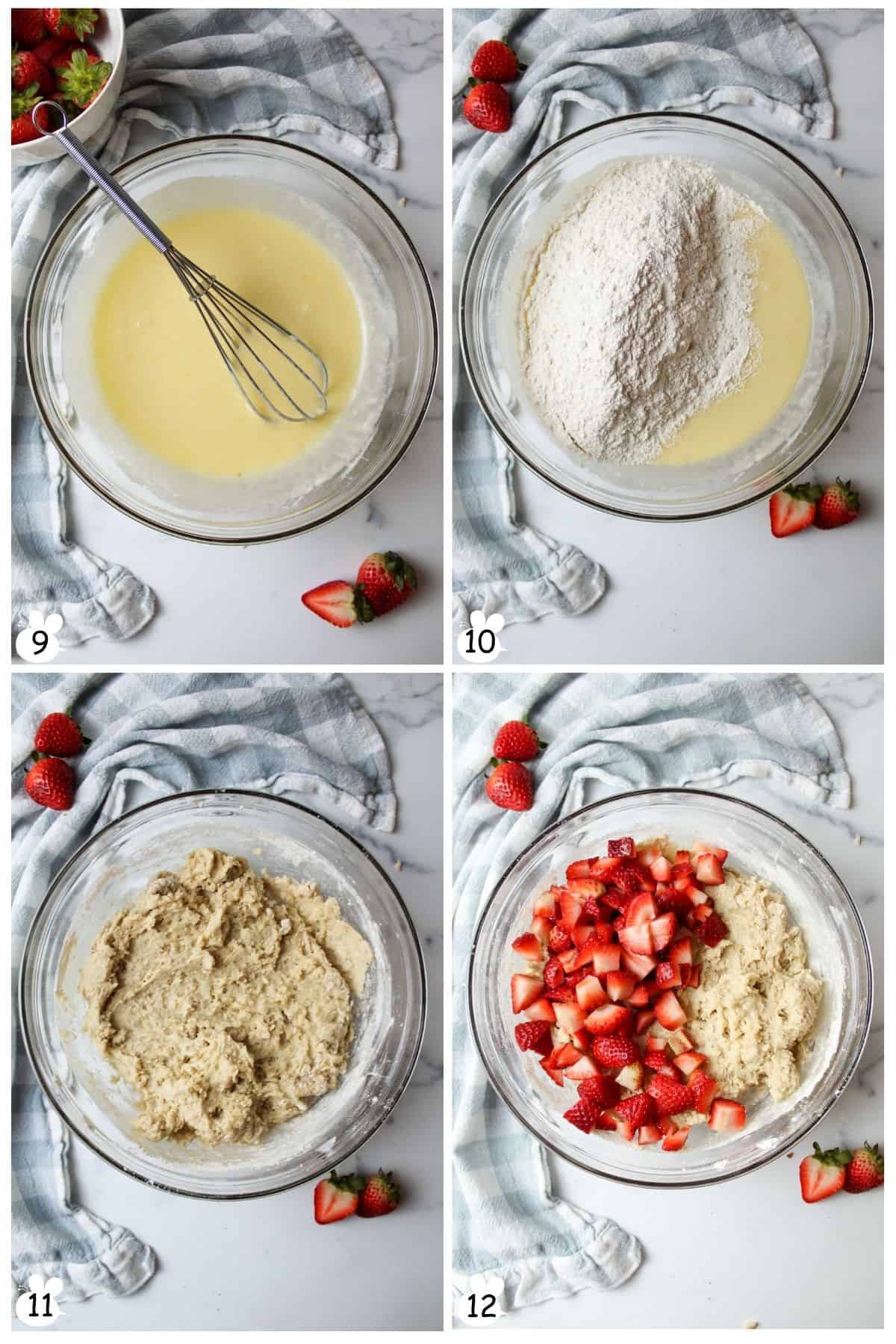 Mix to combine. Fold in flour mixture until just incorporated. Add strawberry chunks.