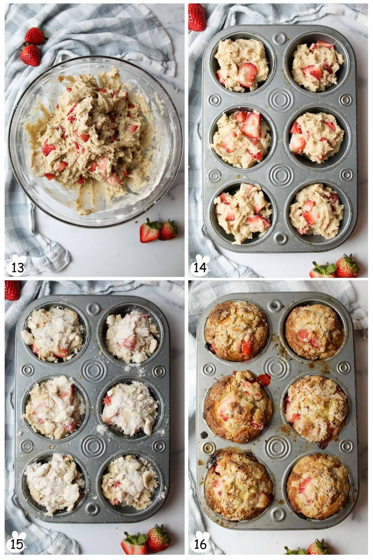 The thick batter should be scooped into muffin cups, topped with crumble, and baked.
