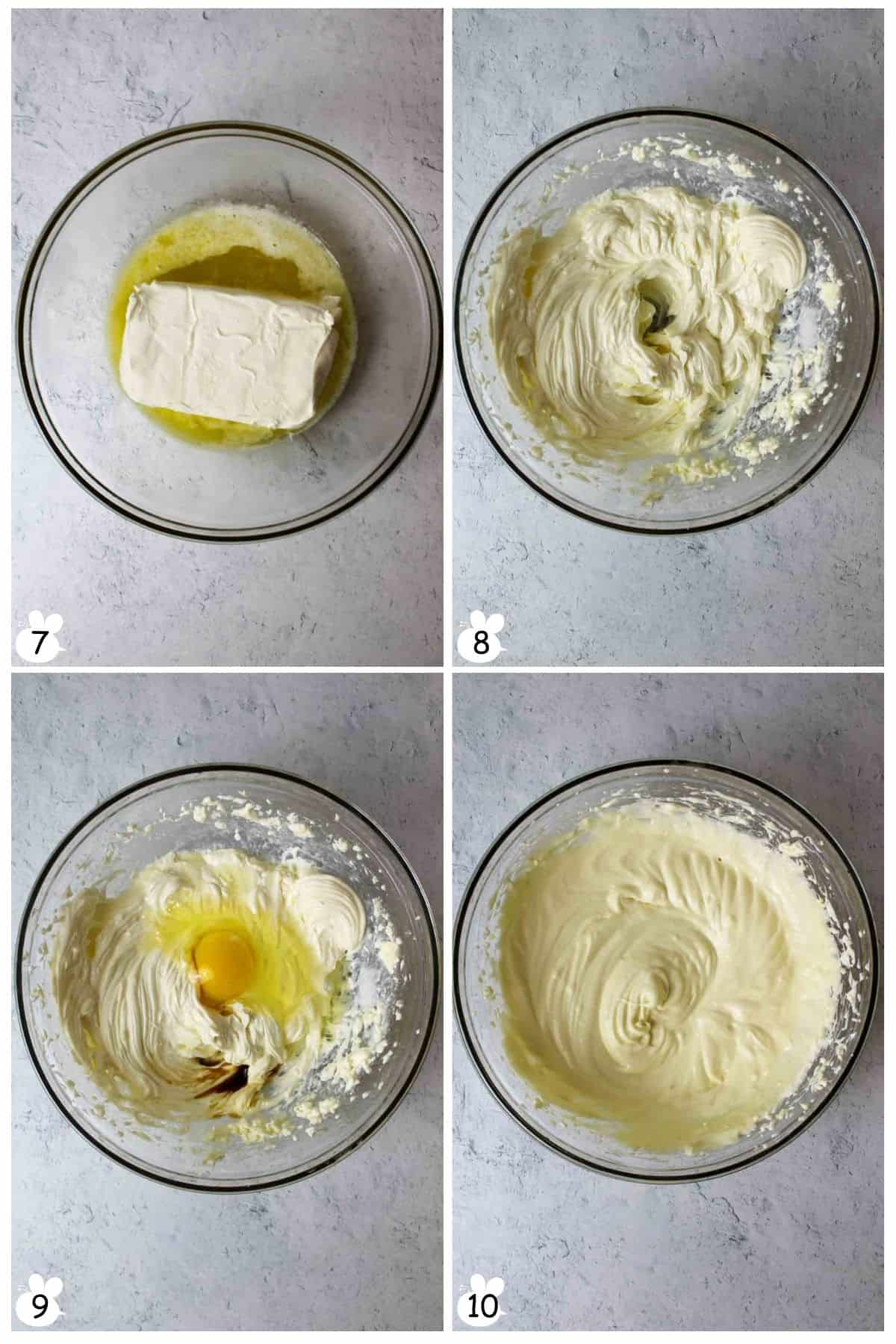 Combine cream cheese, melted butter until smooth. Add vanilla, egg, mix well.