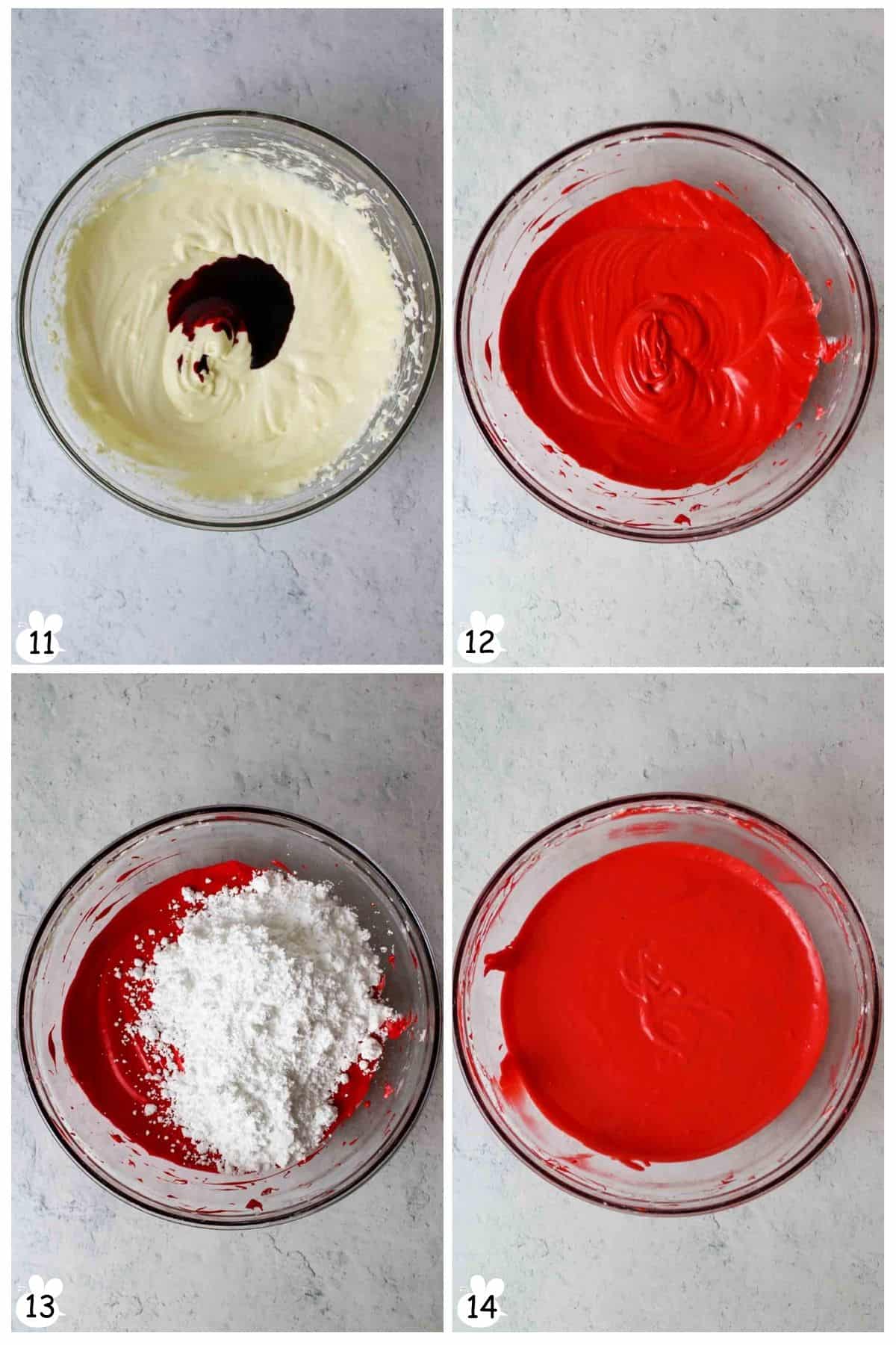 Add red food coloring, mix. Add powdered sugar, mix until combined.
