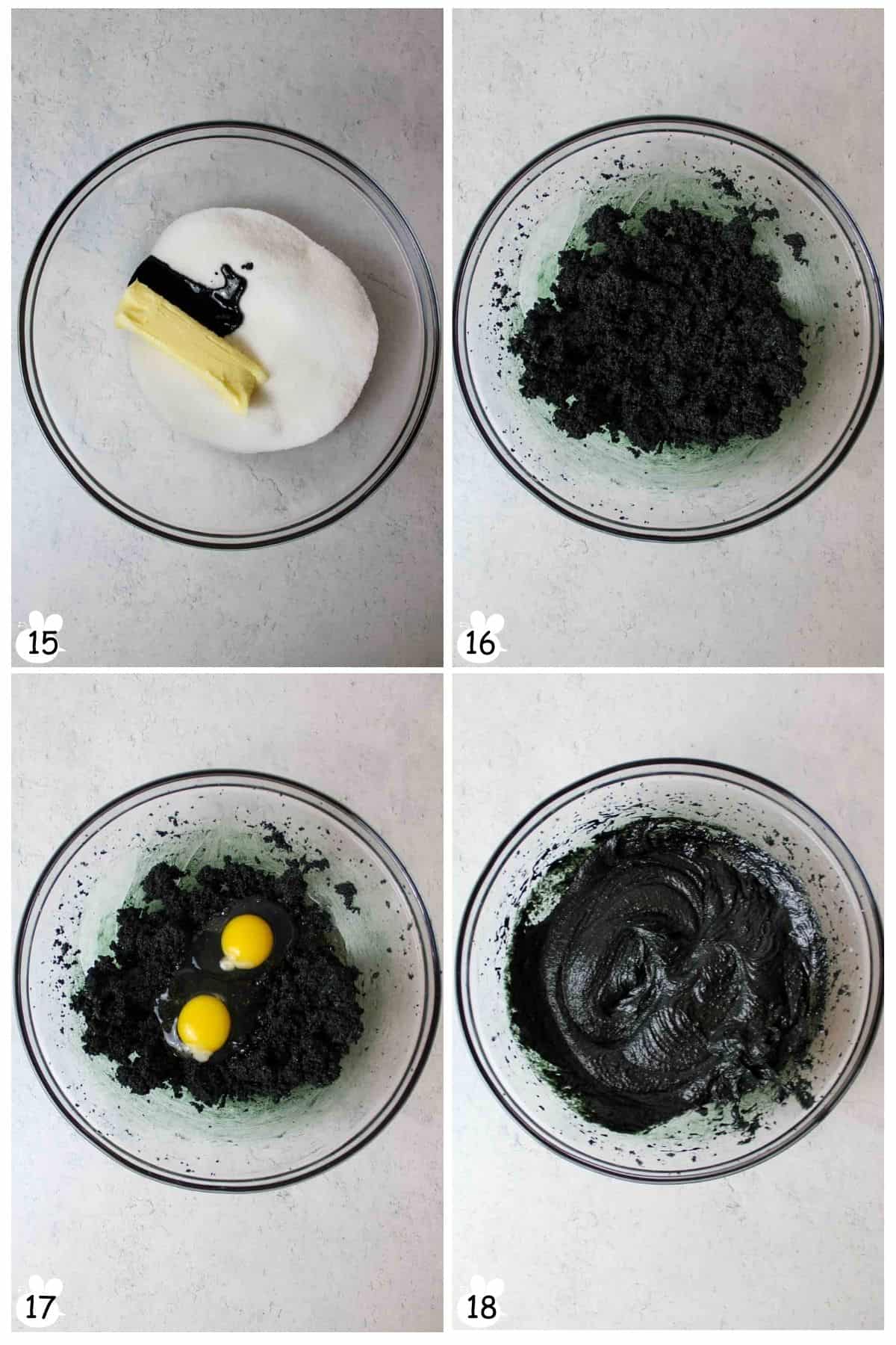Mix butter, sugar, black coloring, vanilla until fluffy. Beat in eggs until smooth.
