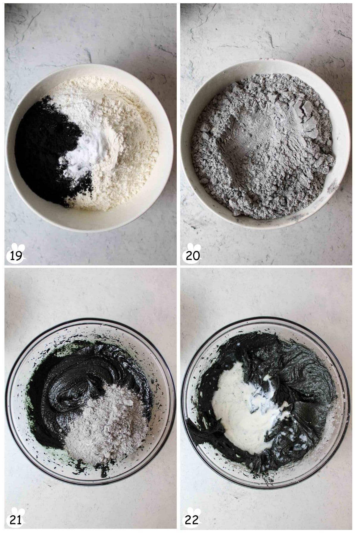 Whisk flour, cocoa, baking powder, baking soda. Alternate adding to batter with buttermilk.