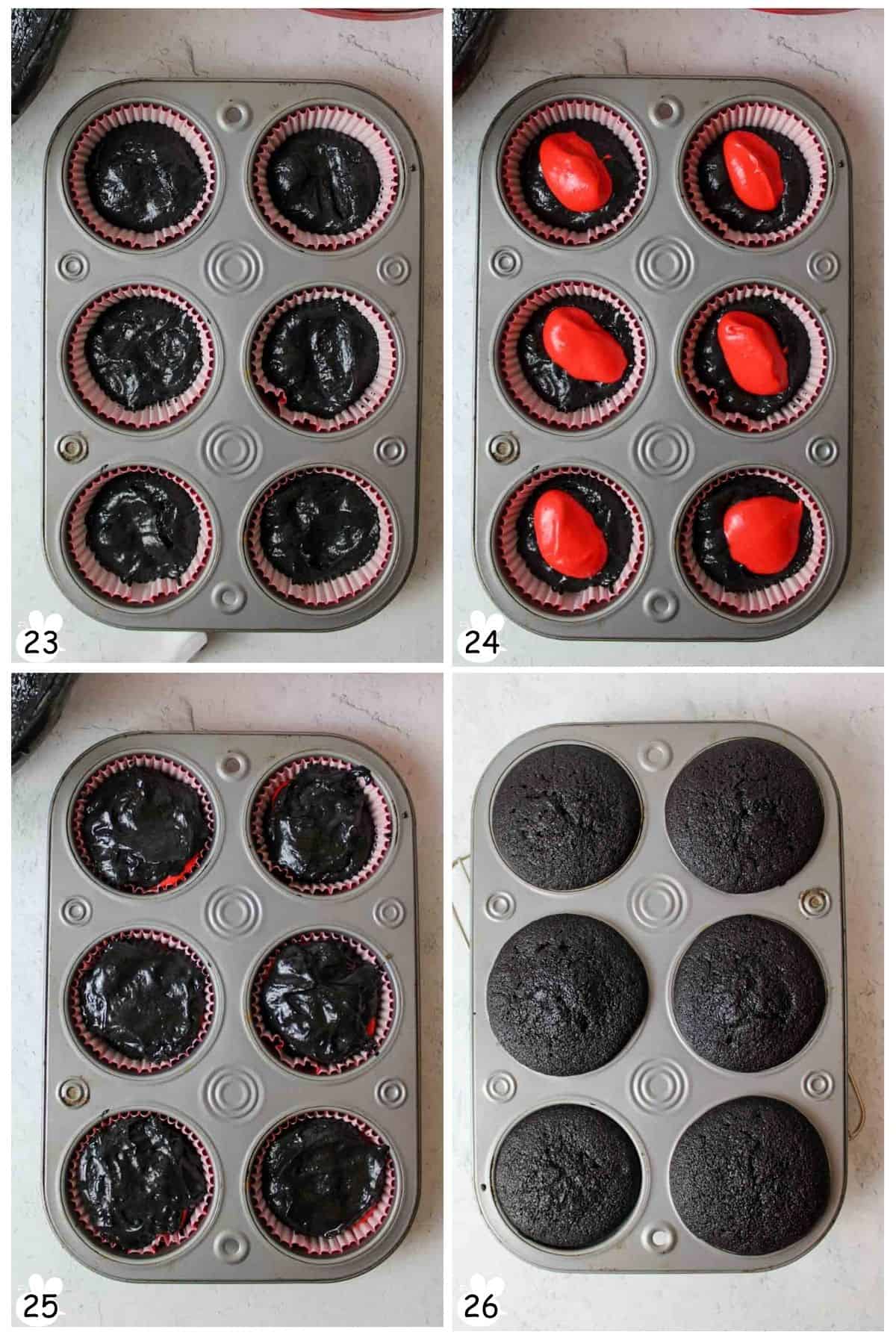 Fill muffin pan with black batter, add red cream cheese, top with more batter. Bake.