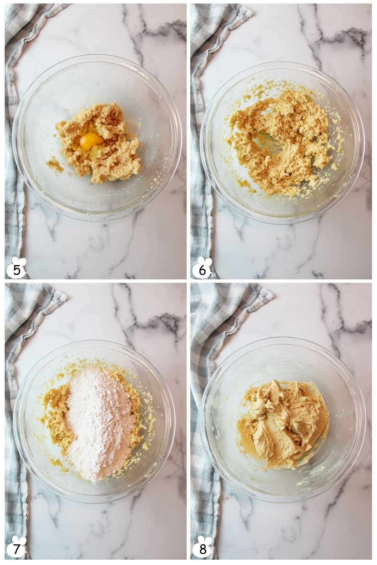 Mix egg, vanilla. Combine dry ingredients with sugar mix. Mix until no streaks remain.