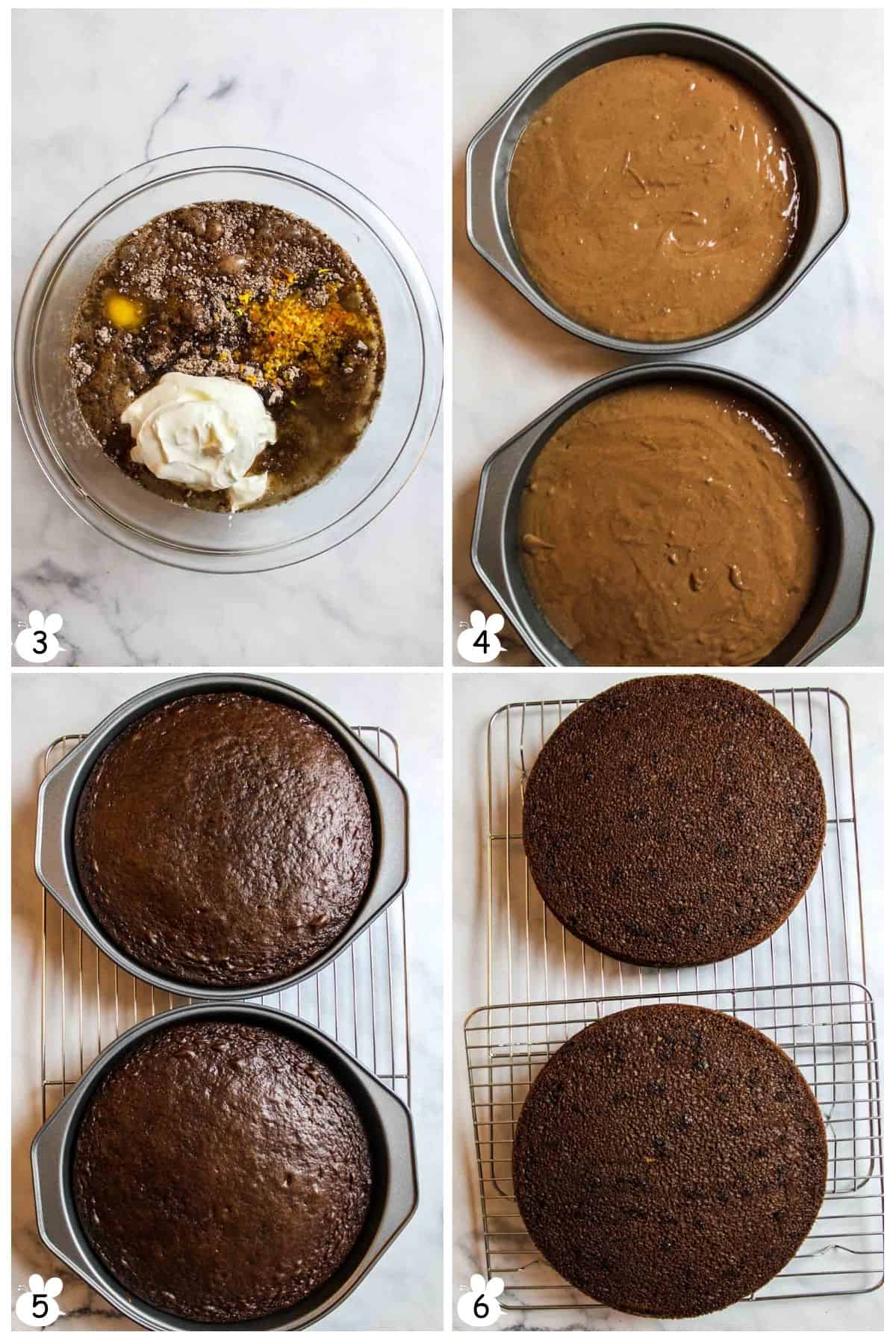 mix cake batter. pour into cake pans. bake and cool.