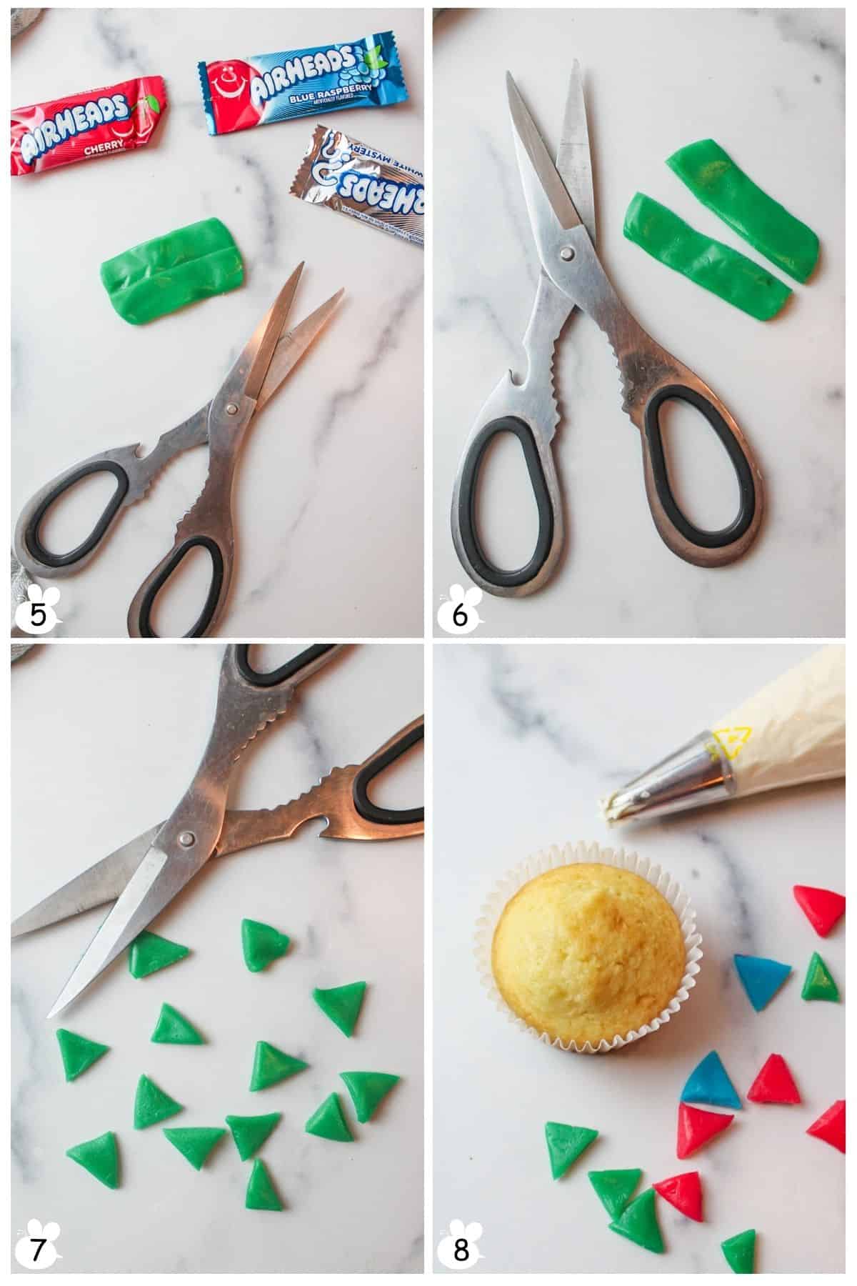 Unwrap Airheads, cut in half along the line, then into triangles. Assemble candy, cupcakes, and frosting.