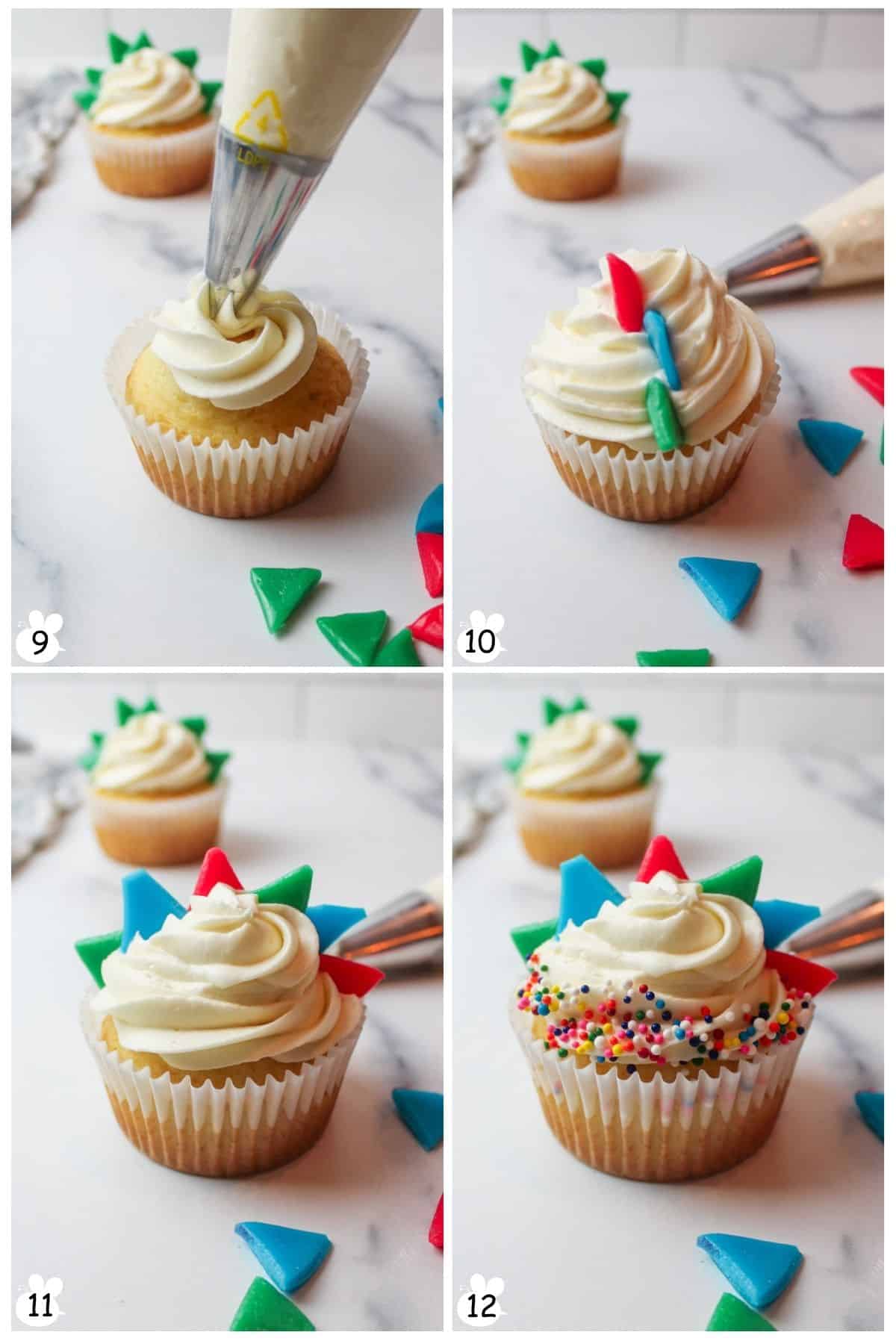 Pipe frosting, add Airhead pieces, add sprinkles if desired.