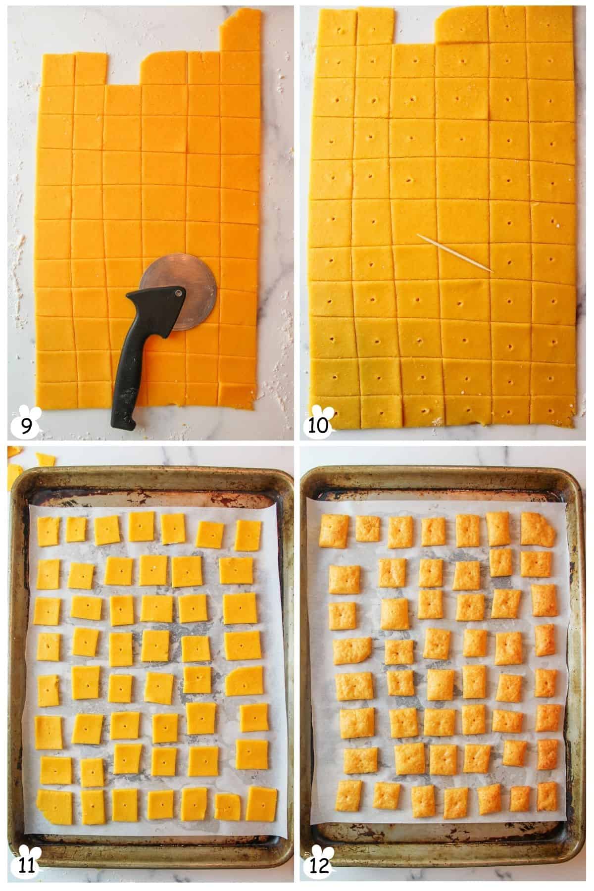 Cut dough into strips, then squares. Poke holes. Place on parchment-lined sheet. Bake.