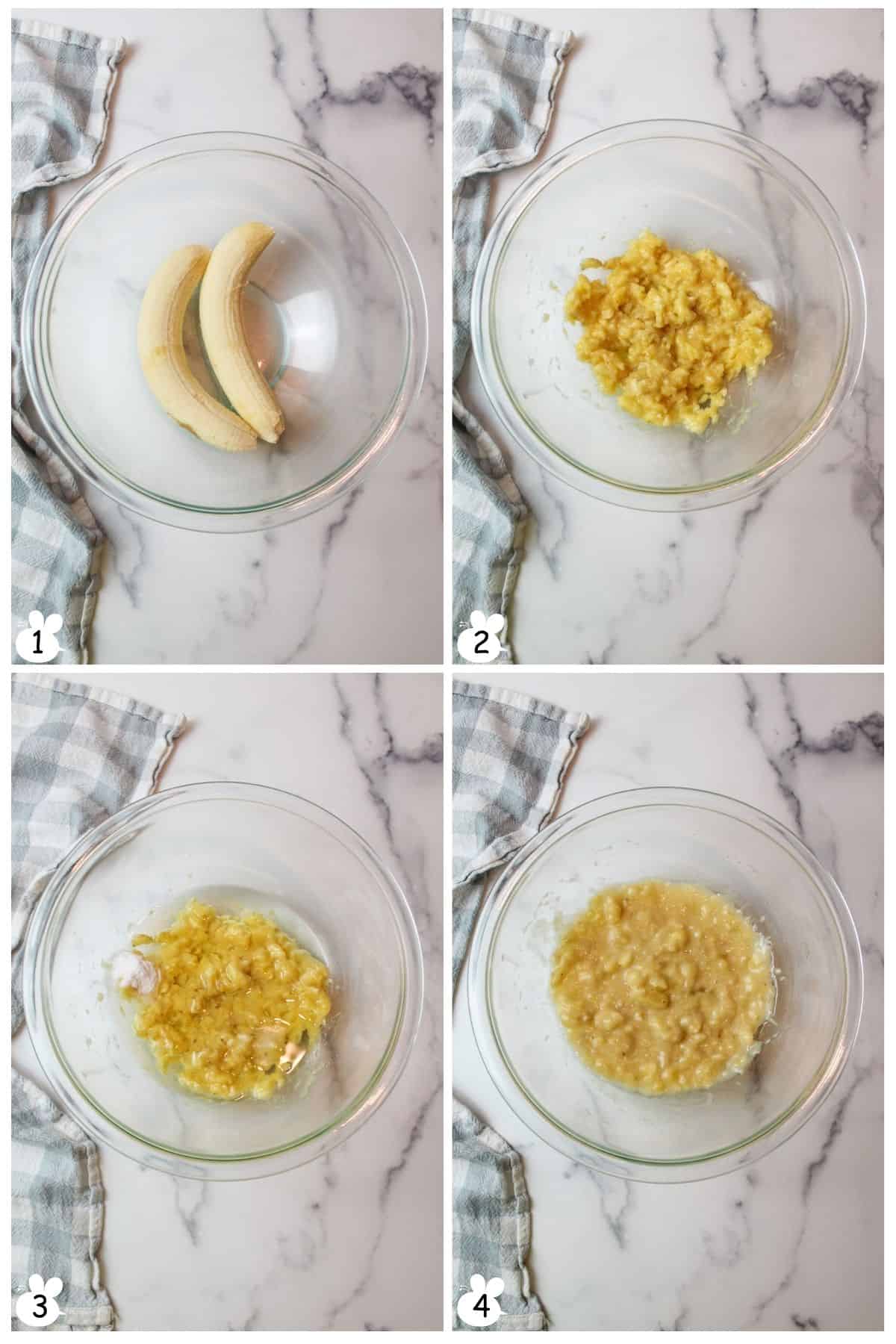 Mash bananas, add oil, baking soda, salt. Mix well.