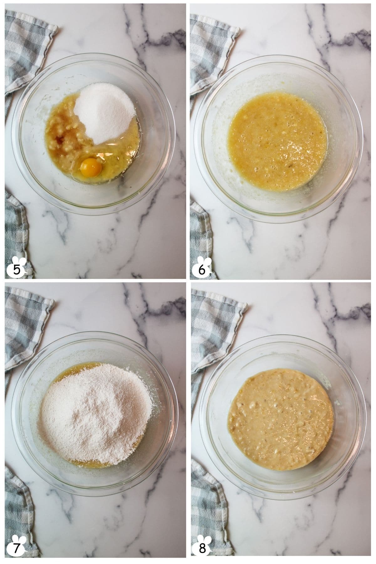 Add vanilla, egg, sugar. Whisk until smooth. Add flour, mix until combined.