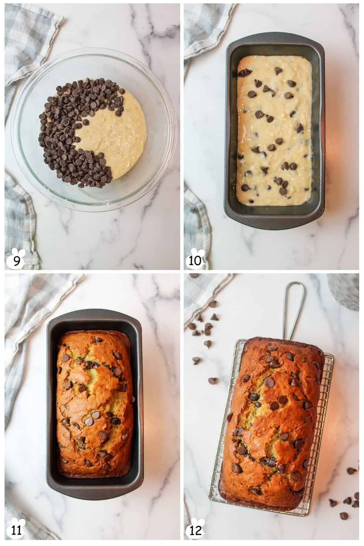 stir in chocolate chips. pour into bread loaf pan and bake. let cool.