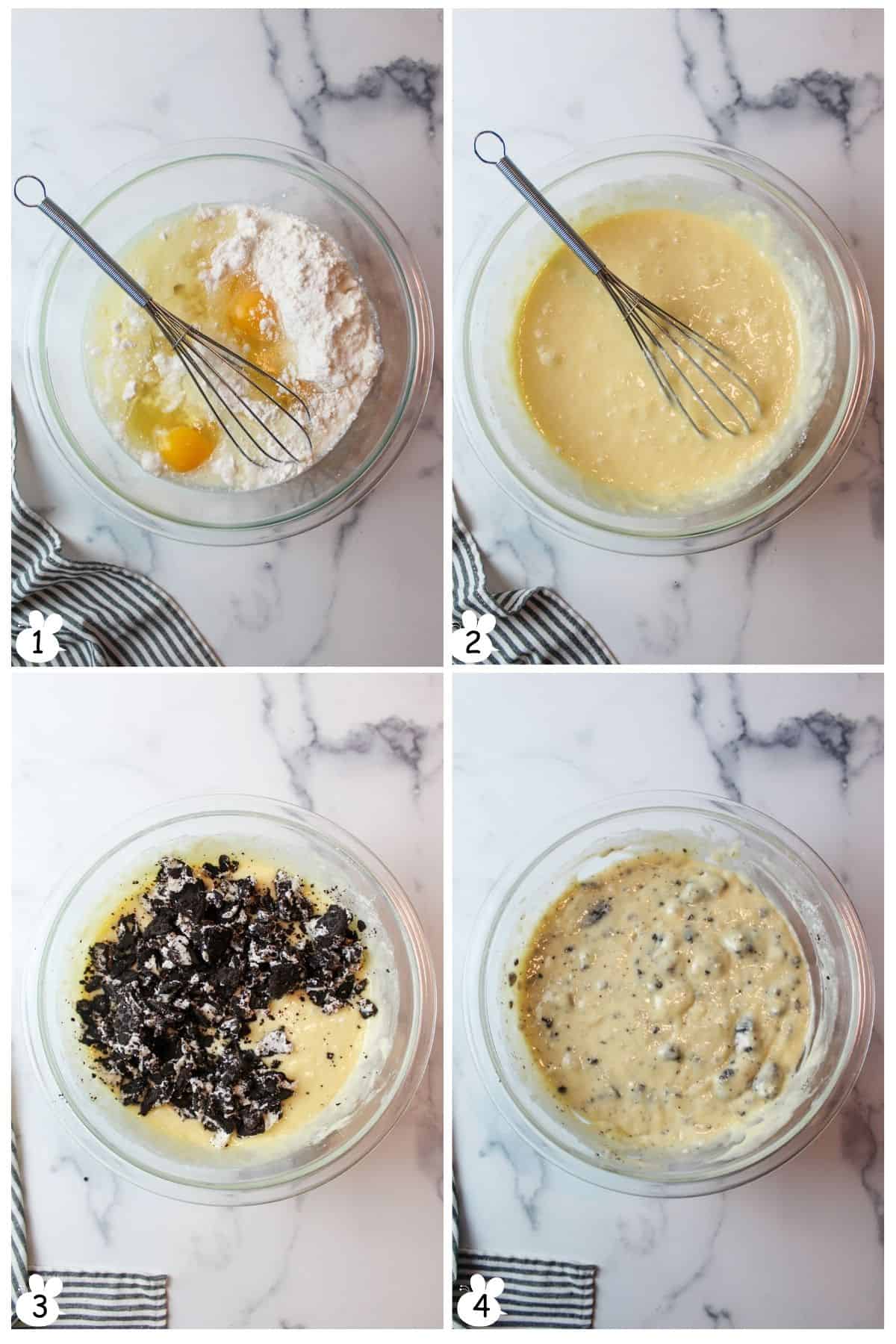 Whisk cake mix, eggs, milk, pudding mix, and oil. Add crushed Oreos, stir into batter.