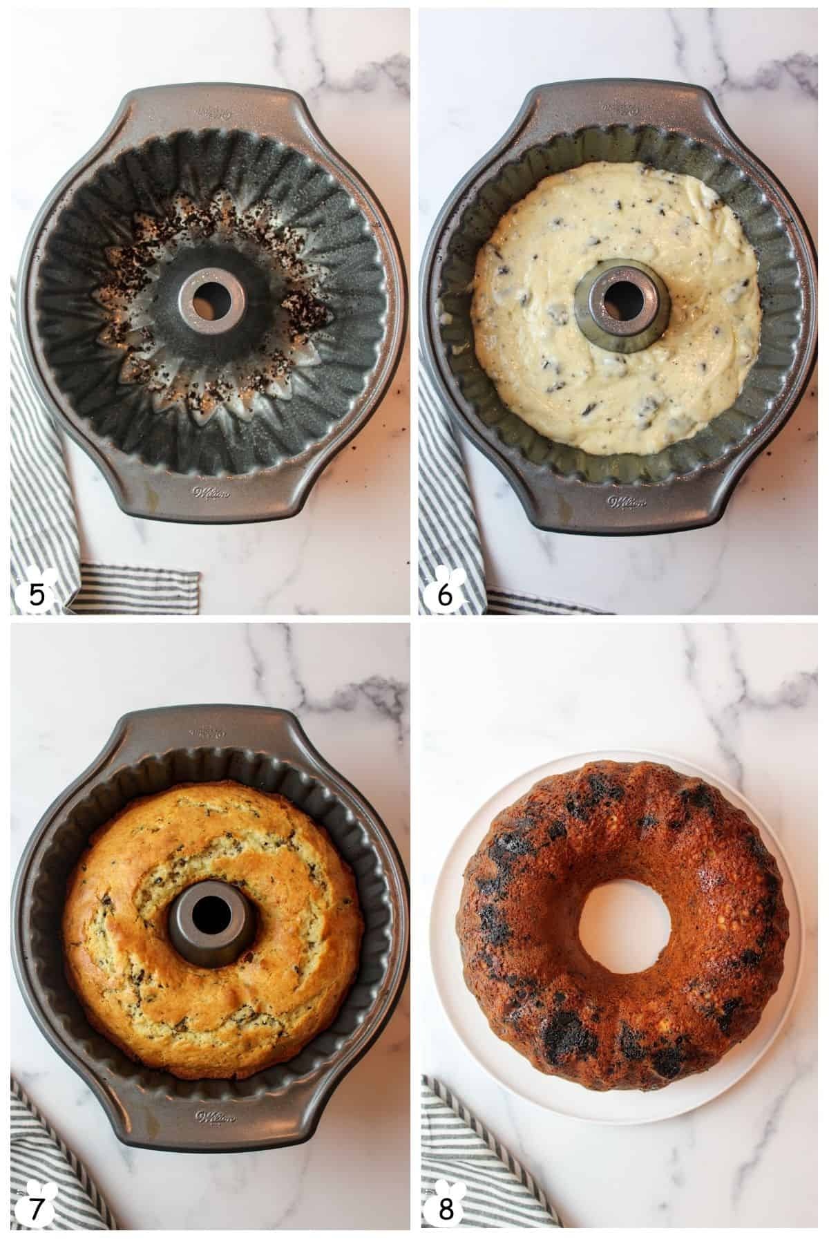 Sprinkle crushed Oreos in bundt pan, pour batter, bake, then flip onto plate.