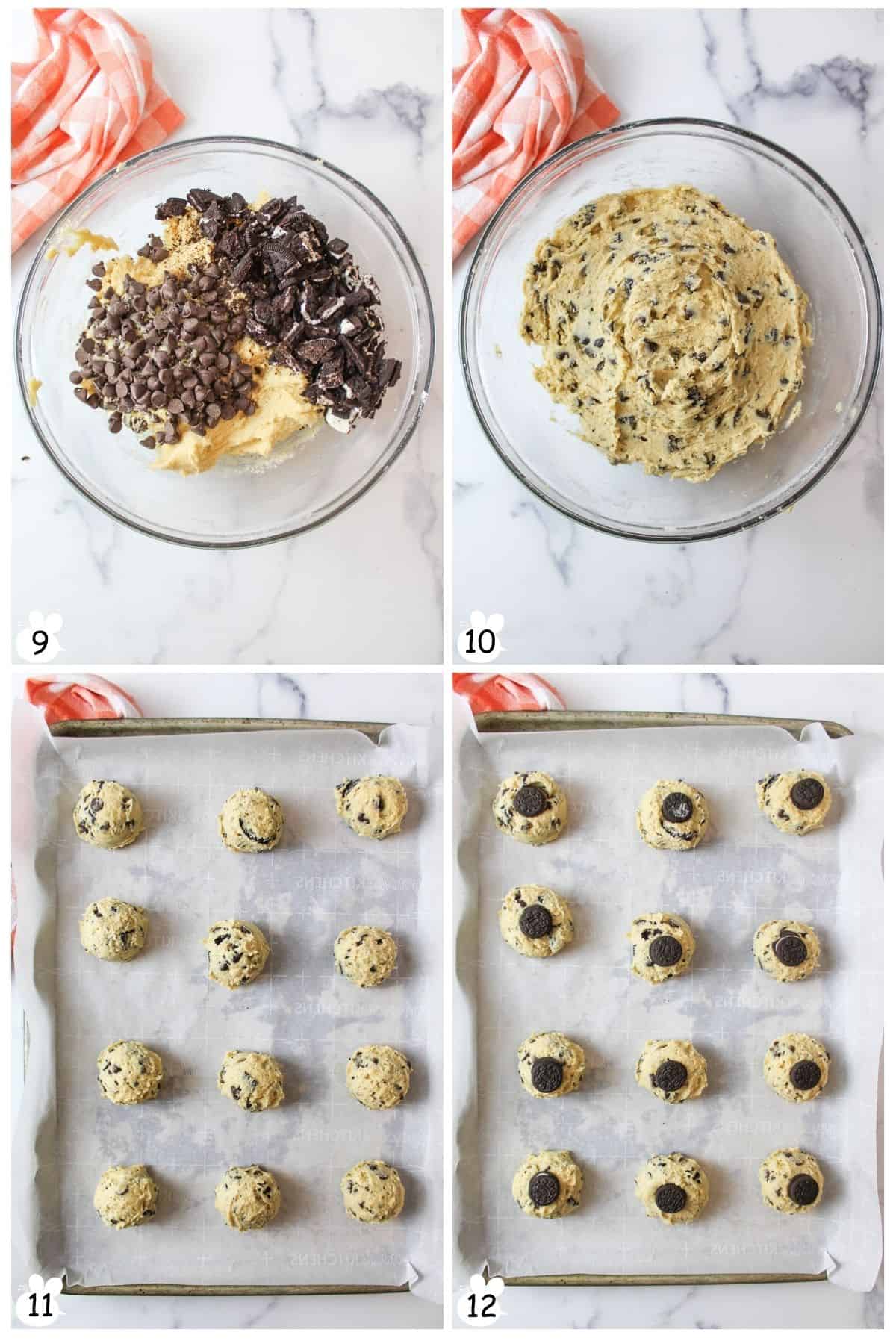 Add chocolate chips, crushed Oreos; fold. Scoop dough onto parchment. Place mini Oreo on each.