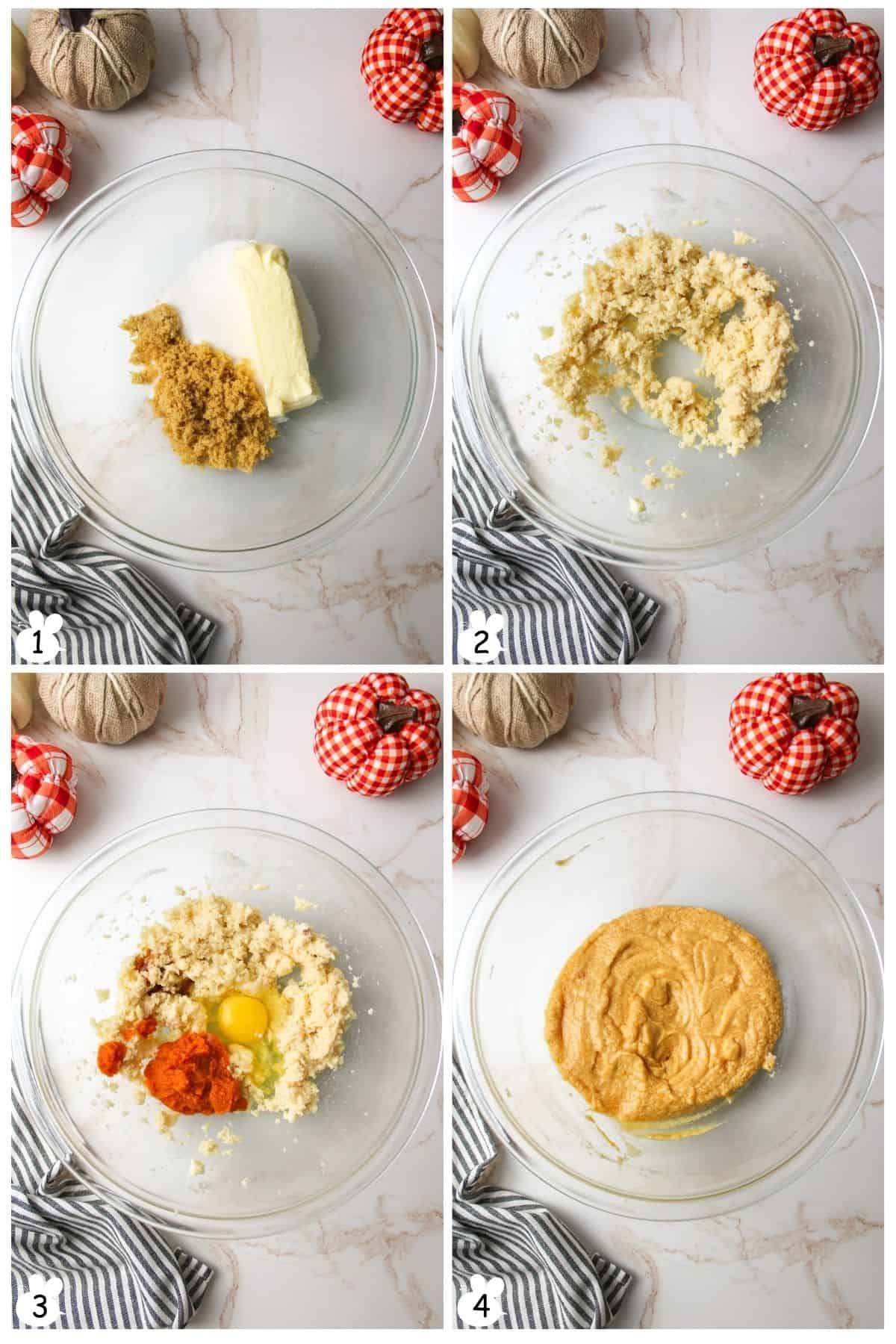 Combine butter and sugars. Cream until fluffy. Add egg, pumpkin, vanilla; mix.