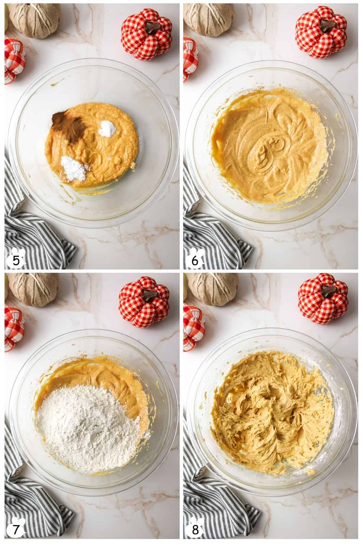 Add cream of tartar, baking soda, salt, spices. Mix evenly. Add flour; incorporate.