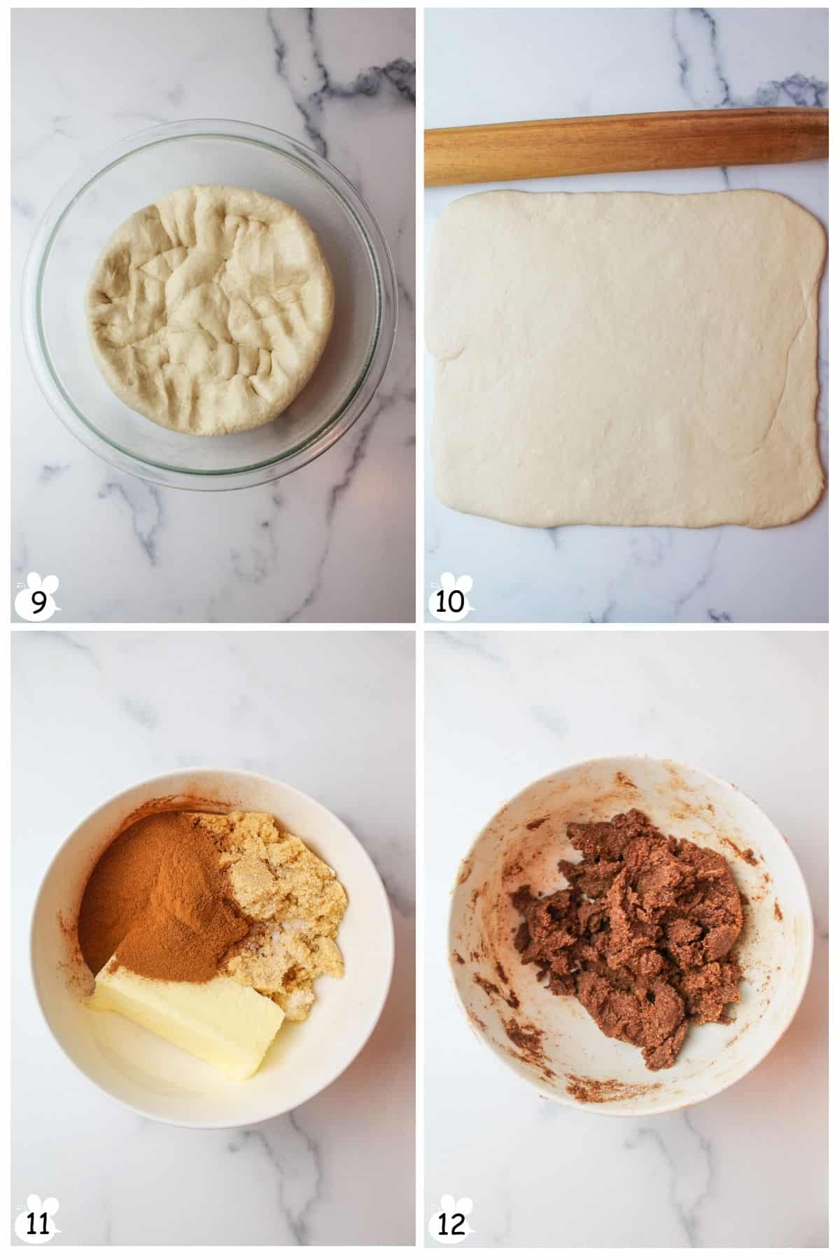 Punch dough, transfer to counter. Roll into rectangle. Mix butter, sugar, salt, cinnamon into paste.