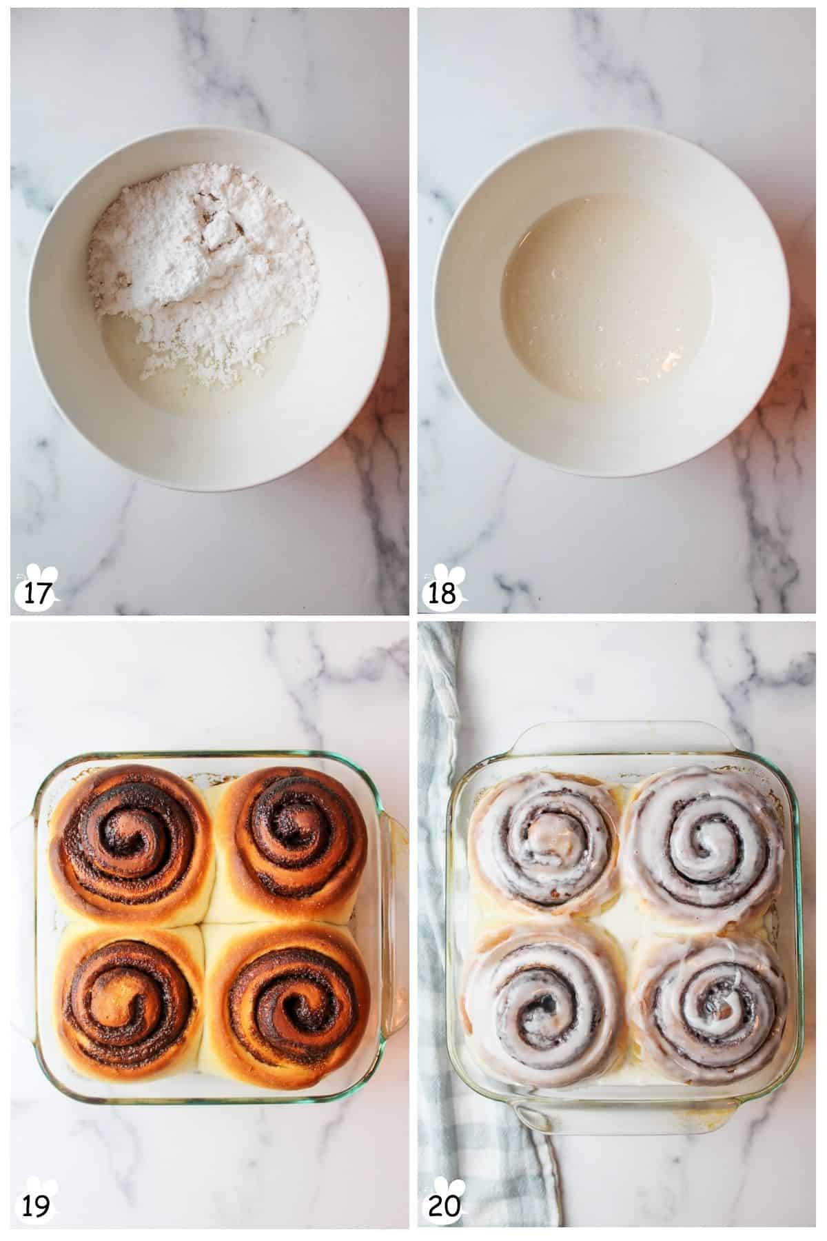 Whisk icing ingredients until smooth. Set aside. Bake. Drizzle icing over cinnamon rolls.