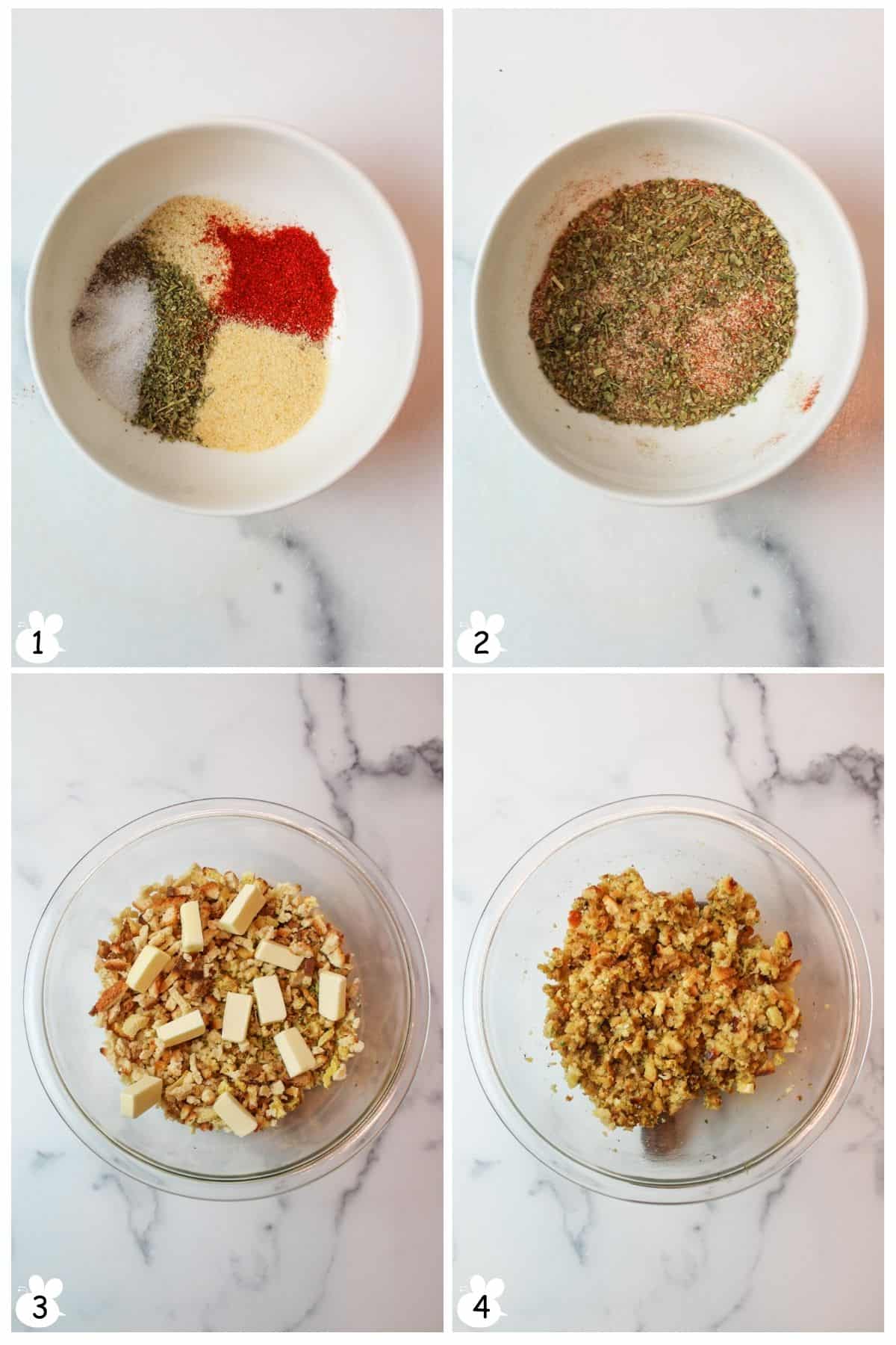 Mix seasonings in a bowl. Prepare stuffing according to package.