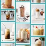 a collage of homemade iced coffee drinks.