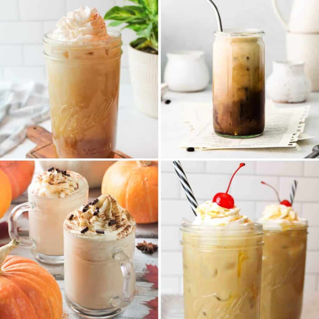 4 different iced coffee recipes collaged together.