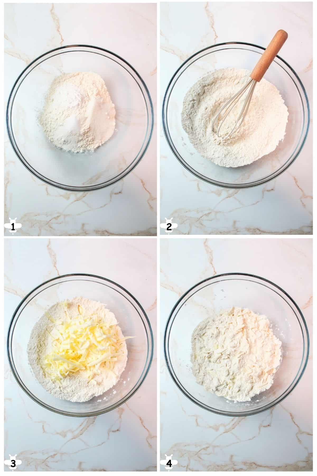 whisk dry ingredients together and stir in shredded butter.