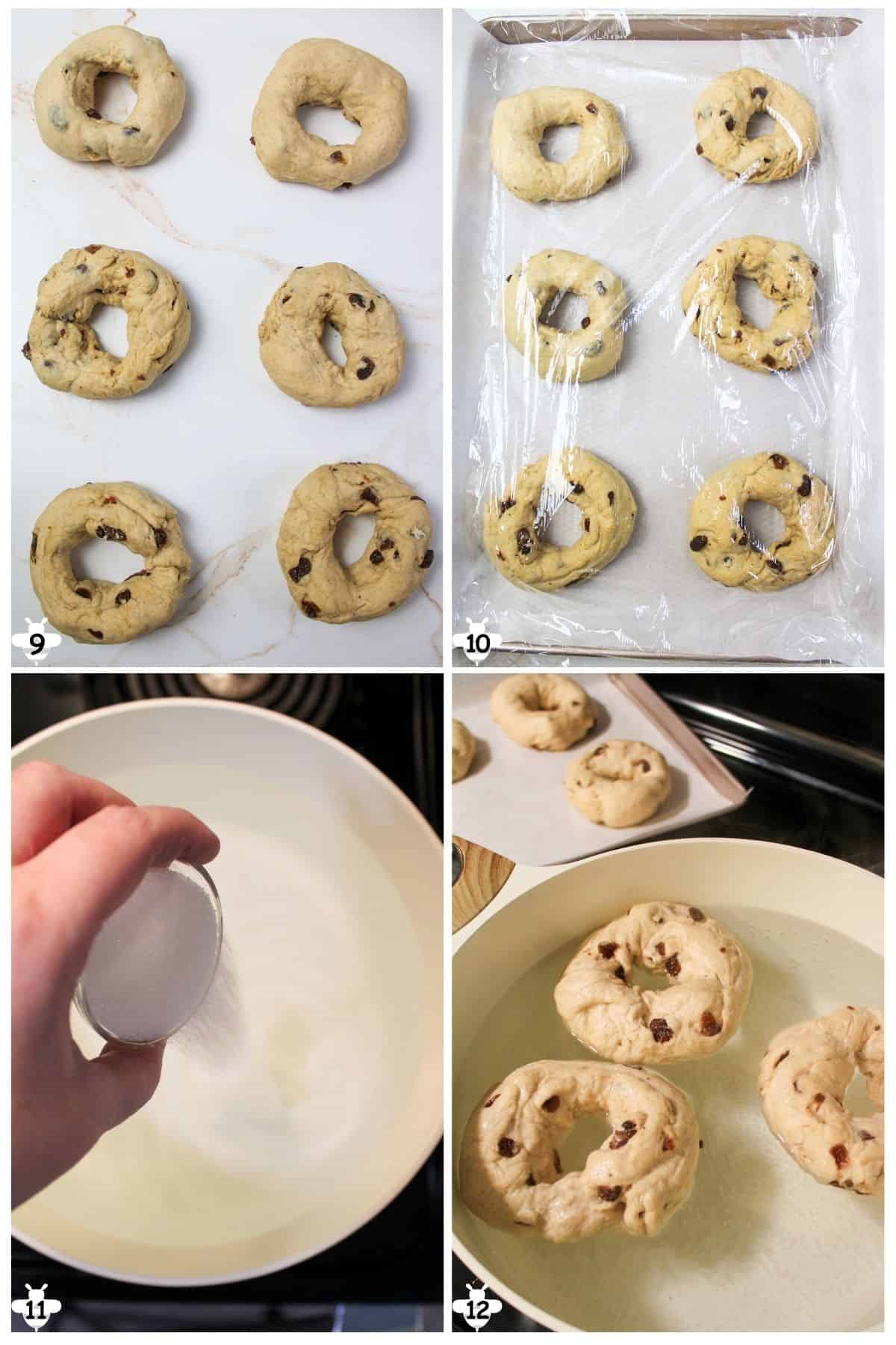 shape into rings, cover and let rest. add sugar to boiling water, boil bagels.