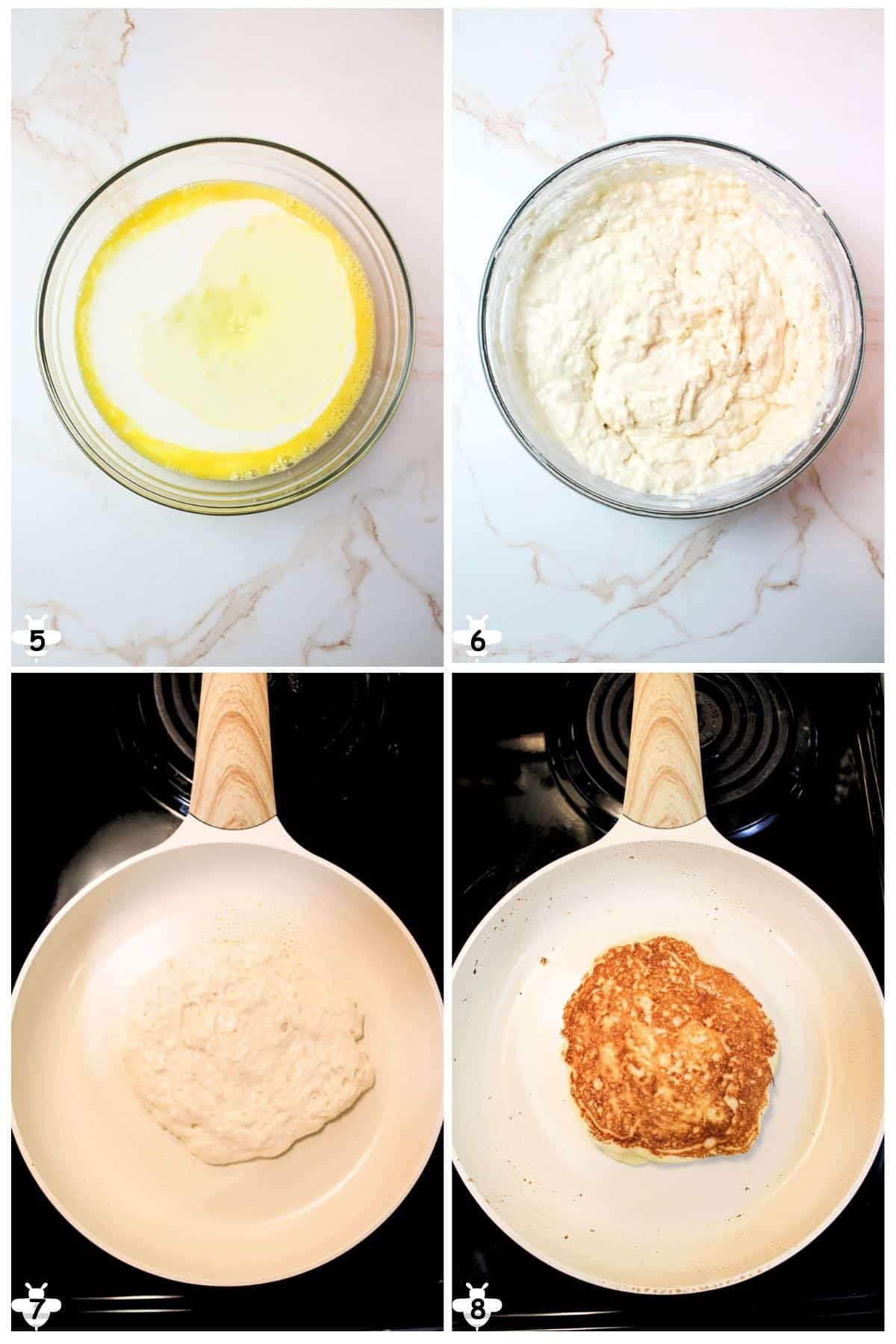 add wet ingredients to egg and stir wet into dry before cooking pancakes.