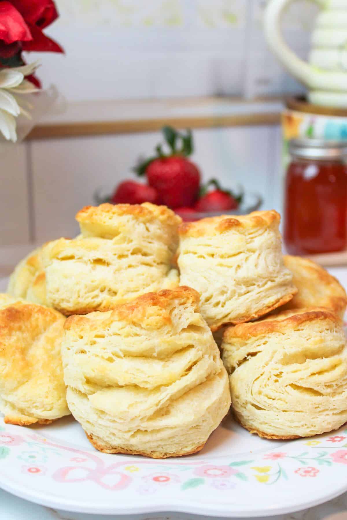 stacked biscuits on a plate.
