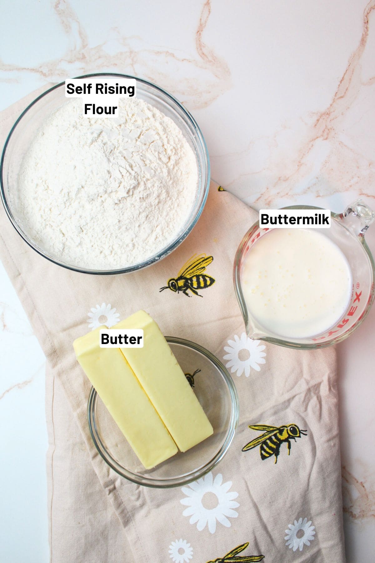 labeled ingredients needed to make 3 ingredient biscuits.