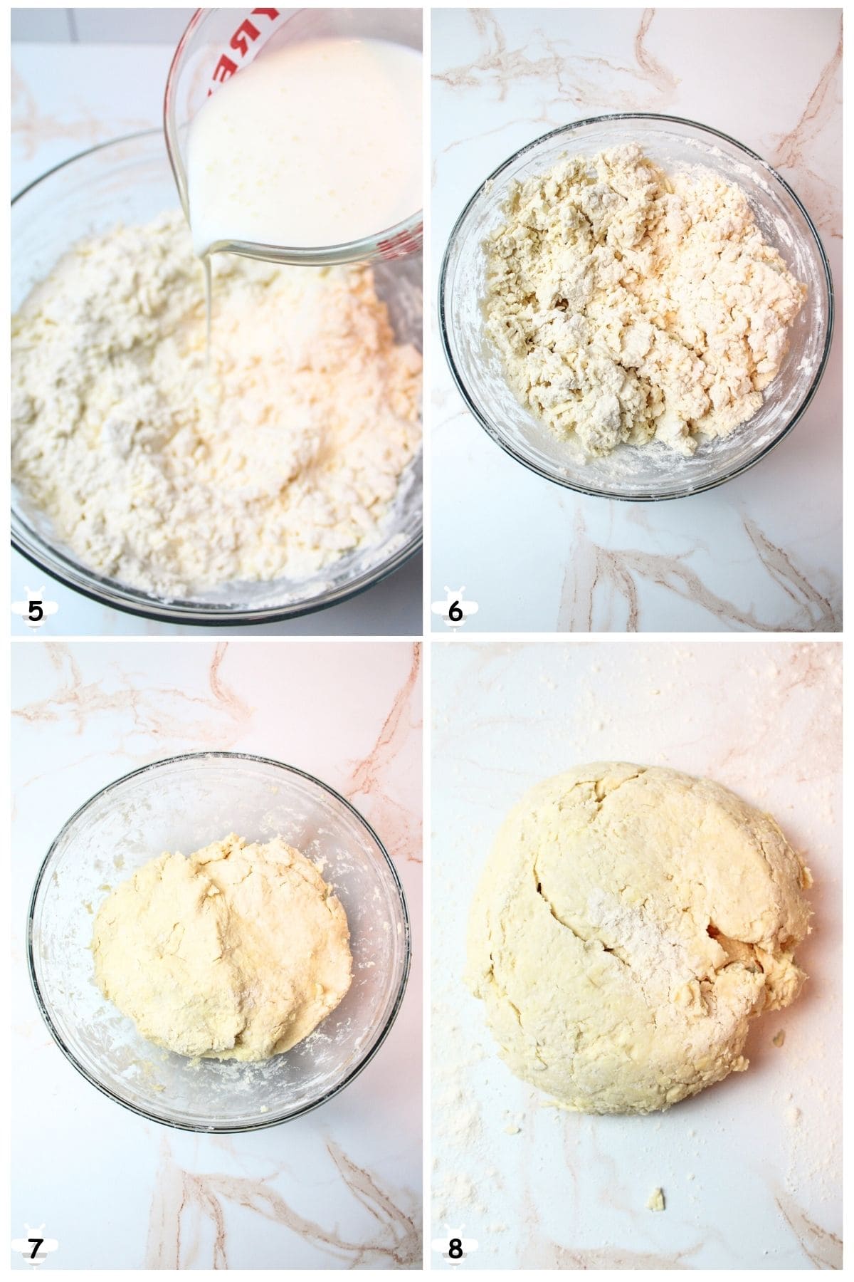 add buttermilk to flour mixture and combine then turn onto floured surface.