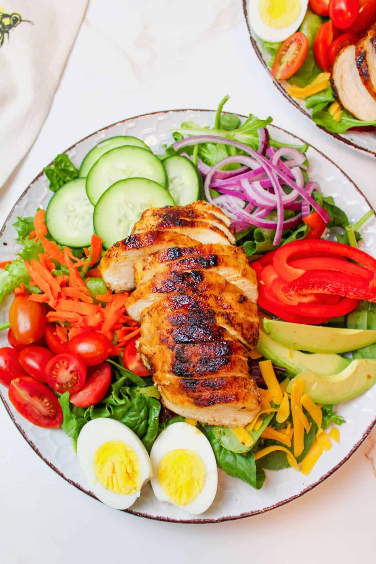 sliced blackened chicken on a bed of lettuce surrounded by fresh veggies and toppings.
